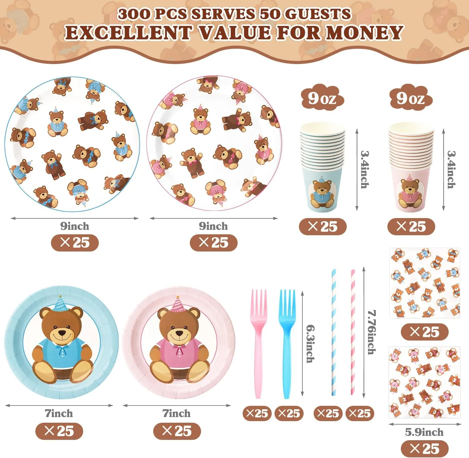 300 Pcs Teddy Bear Gender Reveal Plates and Napkins (Serve 50), Baby Shower Forks and Straws Party Decorations, Boy Girl Gender Reveal, Happy Birthday Decor Supplies