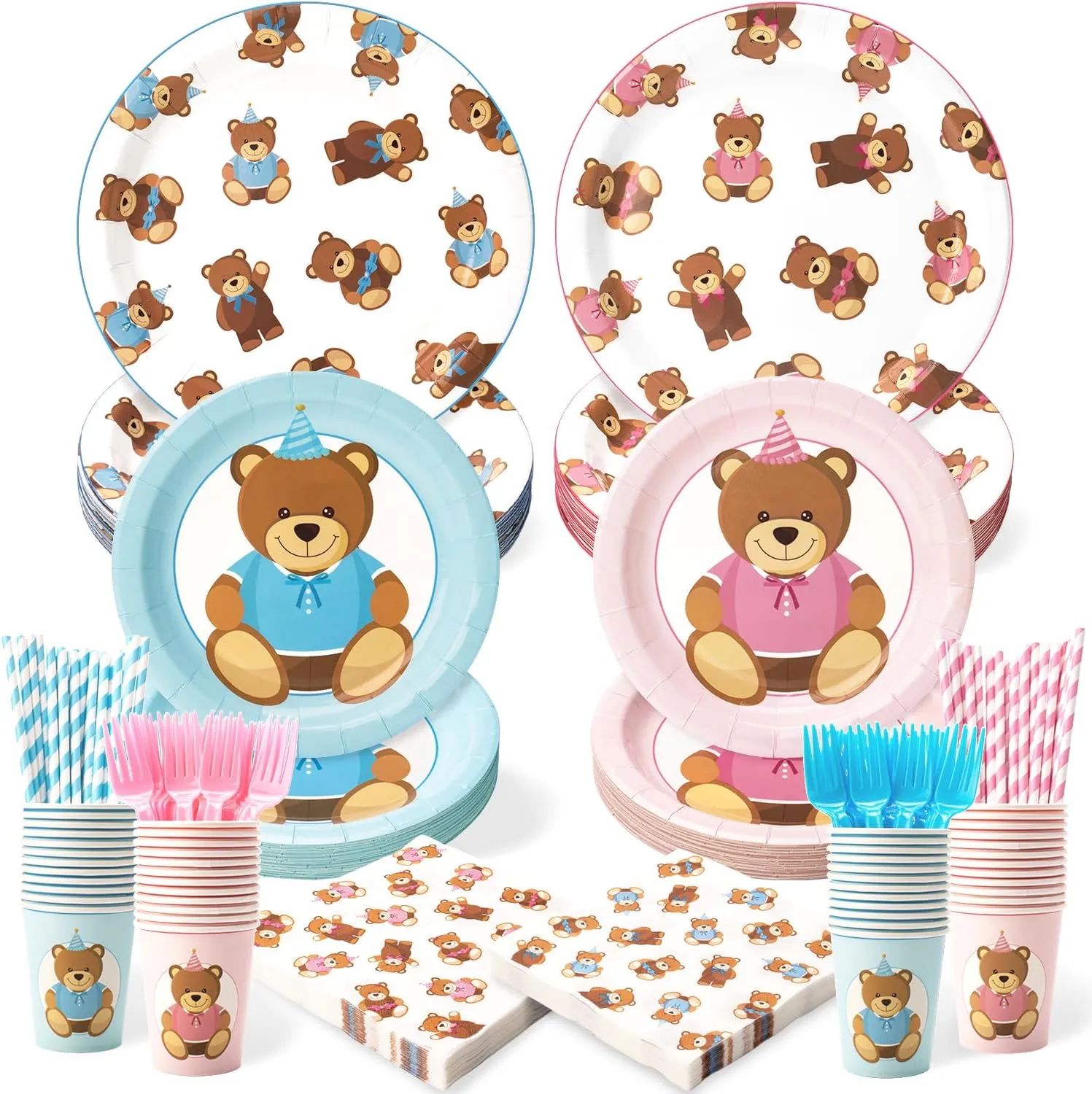 300 Pcs Teddy Bear Gender Reveal Plates and Napkins (Serve 50), Baby Shower Forks and Straws Party Decorations, Boy Girl Gender Reveal, Happy Birthday Decor Supplies