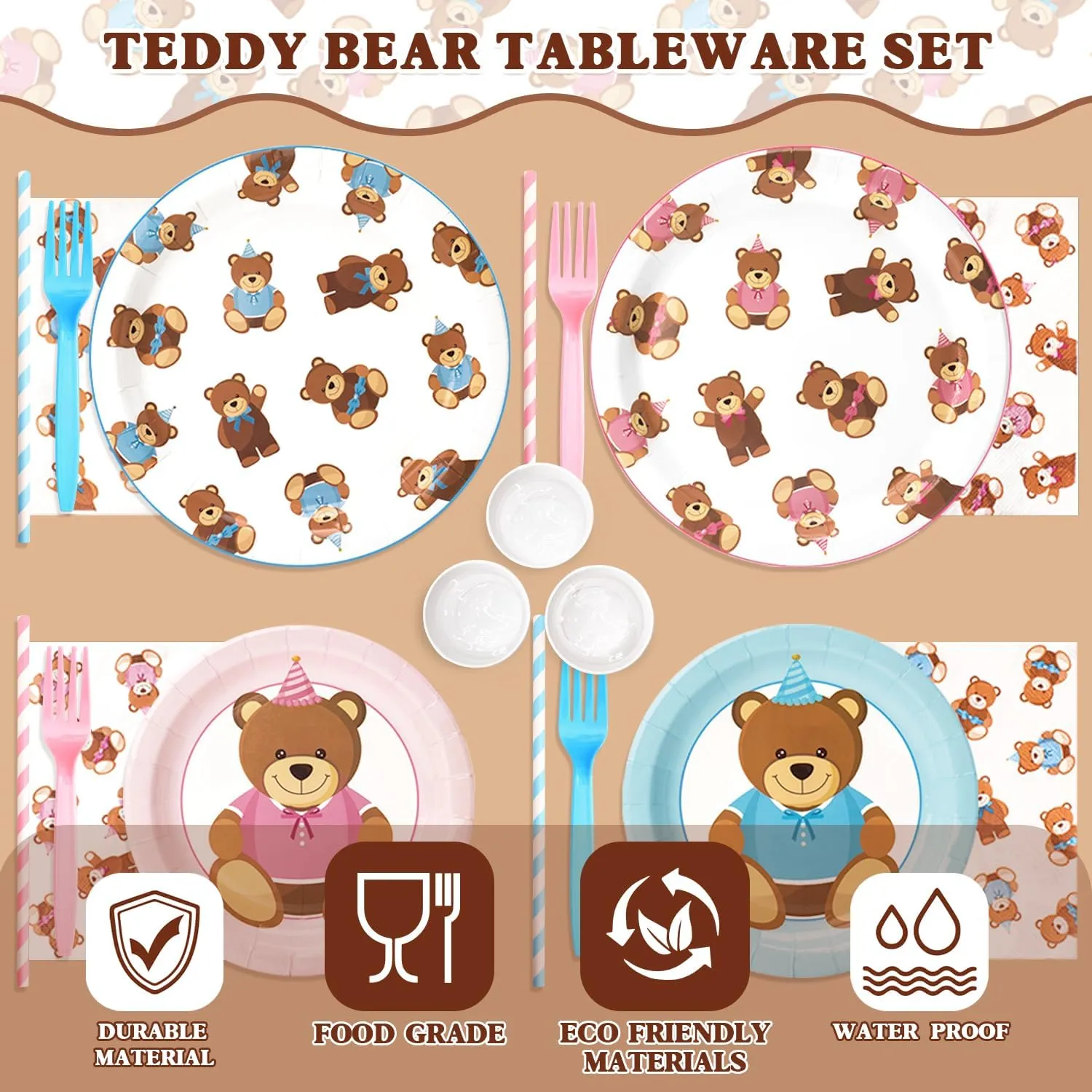 300 Pcs Teddy Bear Gender Reveal Plates and Napkins (Serve 50), Baby Shower Forks and Straws Party Decorations, Boy Girl Gender Reveal, Happy Birthday Decor Supplies