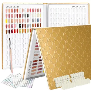 308 Nail Colors Chart with 360 Nail Tips Professional Nail Swatches Book Nail Gel Polish Display Card Book with Gel Nail Brush and Number Sticker for Nail Salons (Gold, one size)