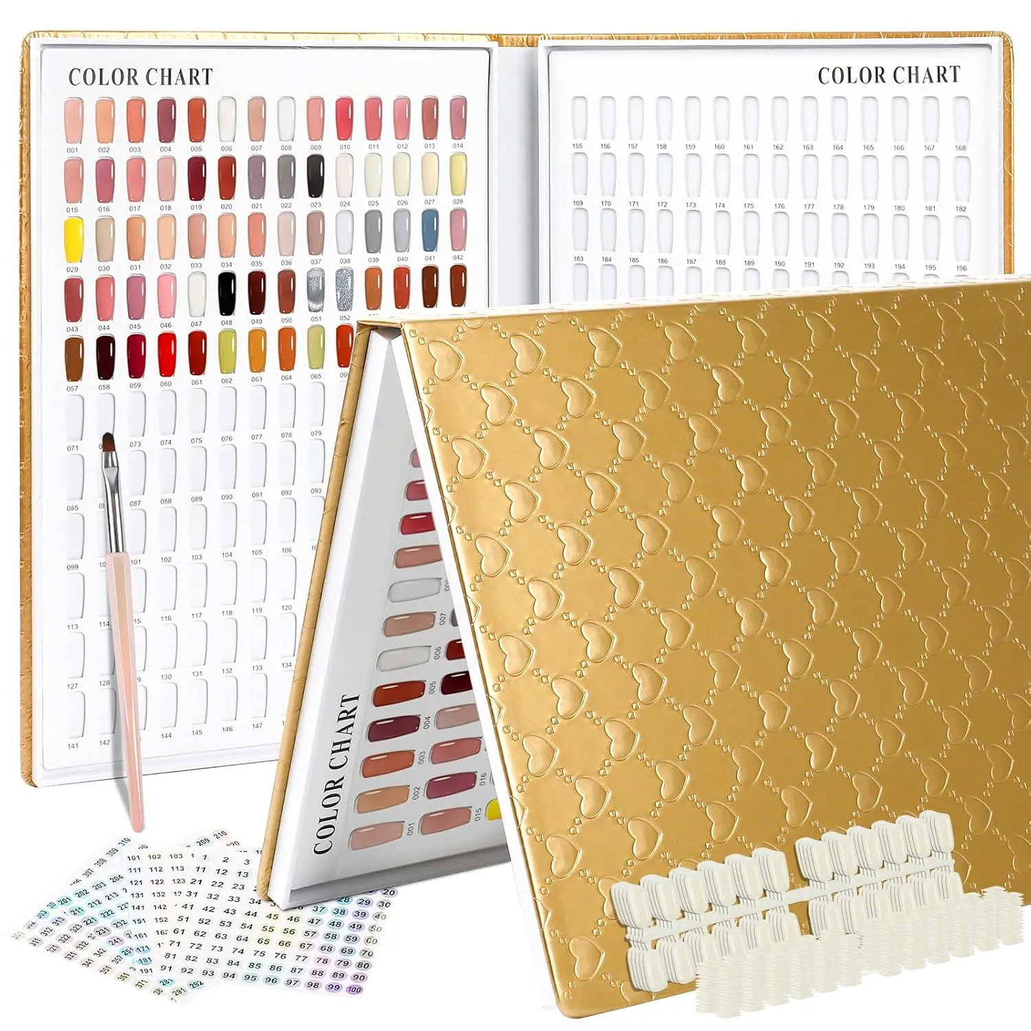 308 Nail Colors Chart with 360 Nail Tips Professional Nail Swatches Book Nail Gel Polish Display Card Book with Gel Nail Brush and Number Sticker for Nail Salons (Gold, one size)