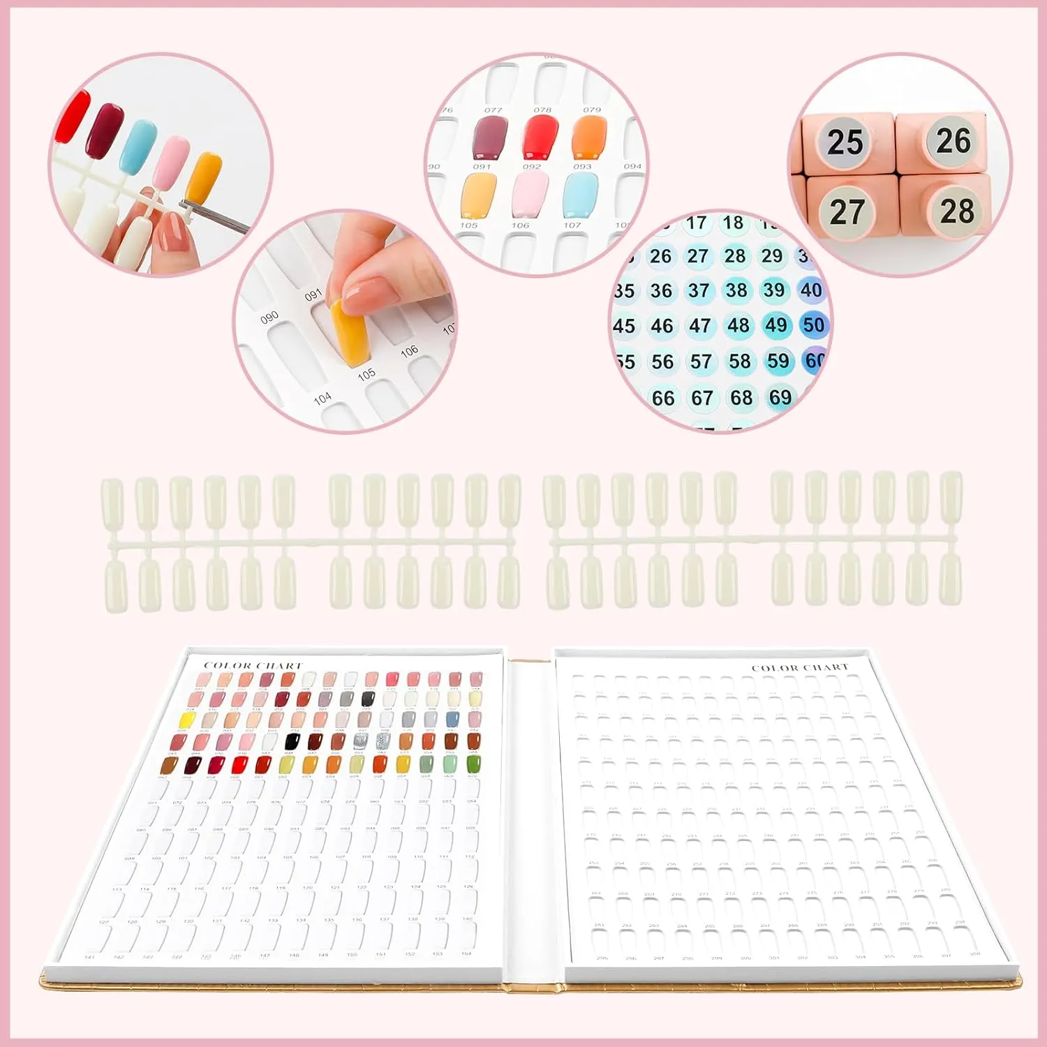 308 Nail Colors Chart with 360 Nail Tips Professional Nail Swatches Book Nail Gel Polish Display Card Book with Gel Nail Brush and Number Sticker for Nail Salons (Gold, one size)
