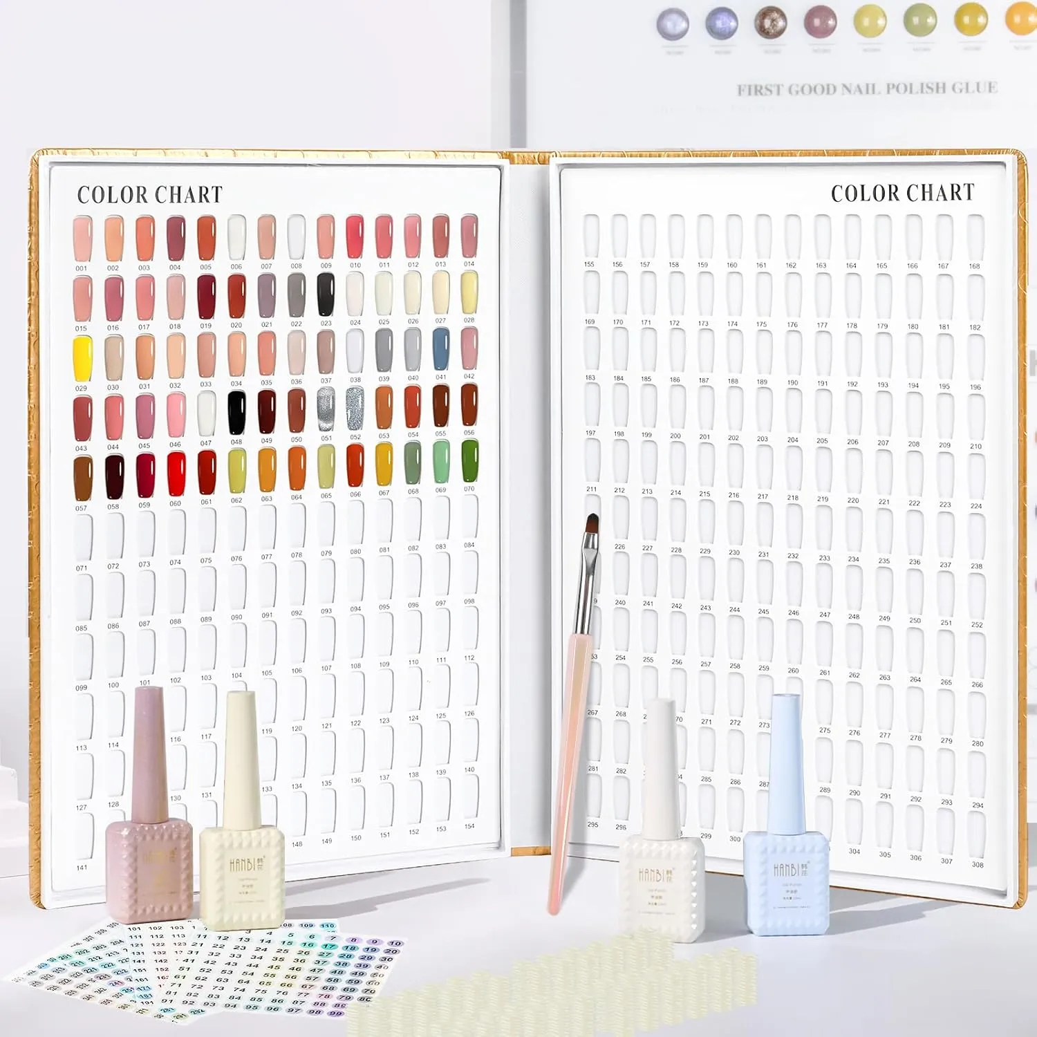308 Nail Colors Chart with 360 Nail Tips Professional Nail Swatches Book Nail Gel Polish Display Card Book with Gel Nail Brush and Number Sticker for Nail Salons (Gold, one size)