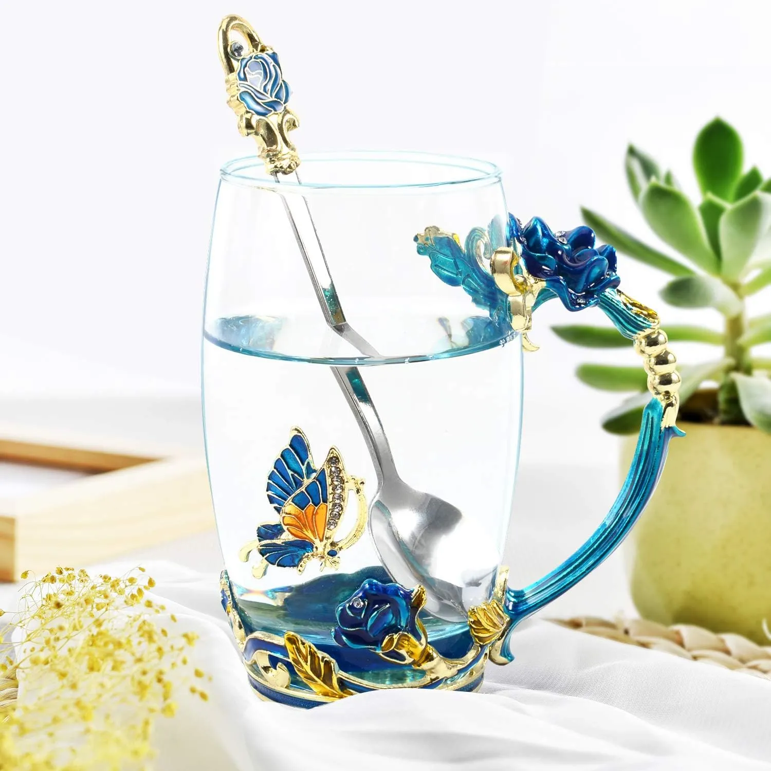 330ML Enamel Tea Cup Glass Coffee Mug Handmade Rose Flower Tea Mug for Valentine’s Day, Birthday, Christmas Gift with Stainless Steel Spoon Set