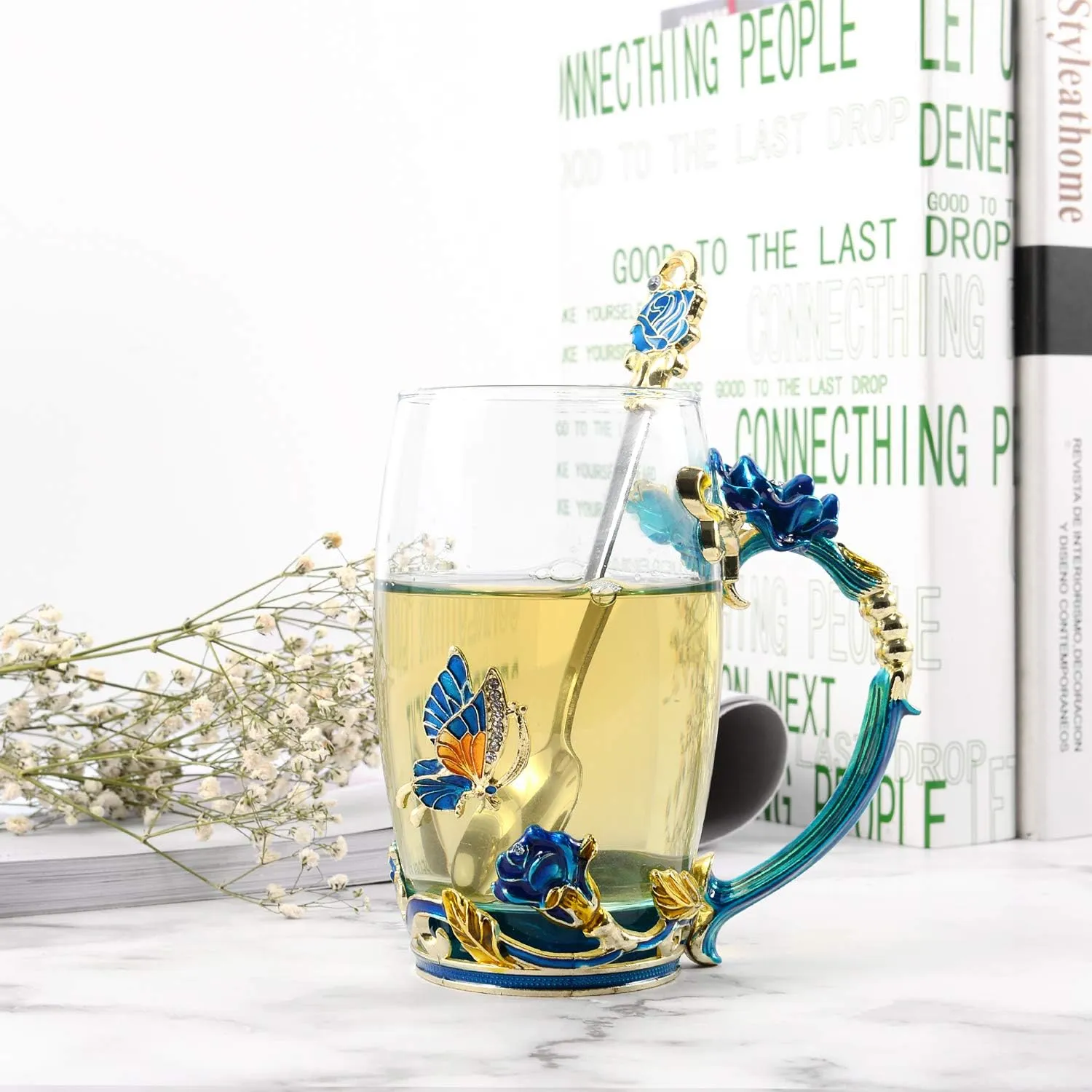 330ML Enamel Tea Cup Glass Coffee Mug Handmade Rose Flower Tea Mug for Valentine’s Day, Birthday, Christmas Gift with Stainless Steel Spoon Set