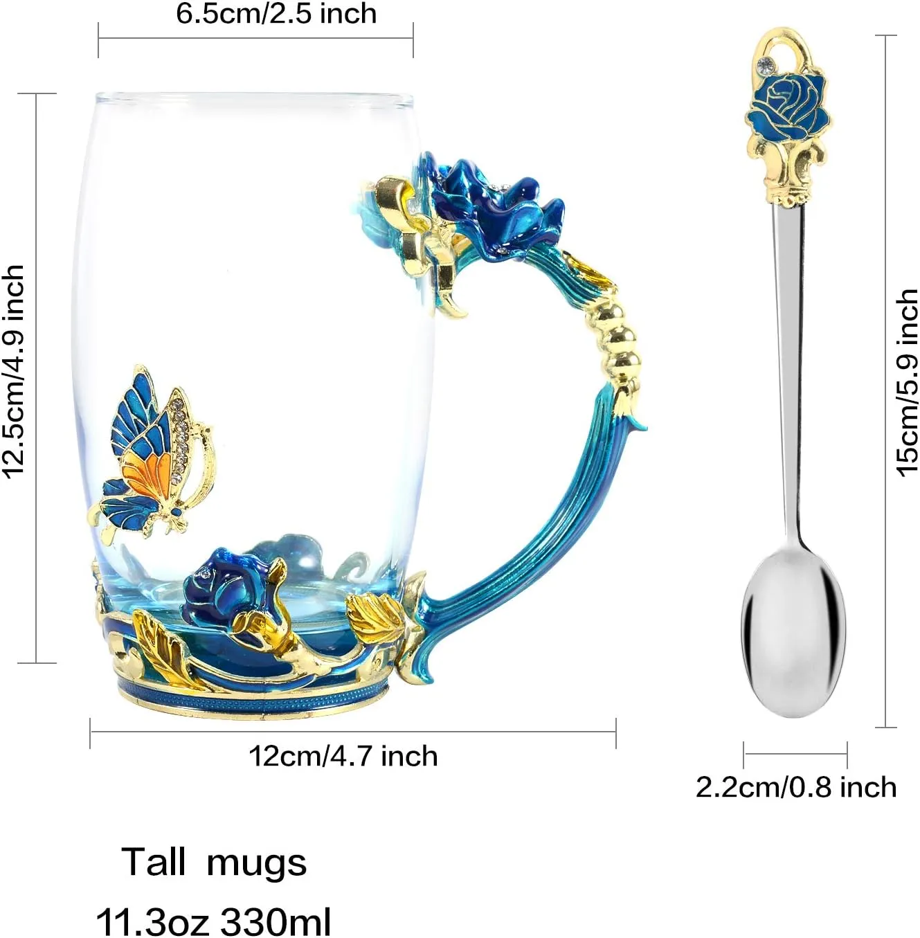 330ML Enamel Tea Cup Glass Coffee Mug Handmade Rose Flower Tea Mug for Valentine’s Day, Birthday, Christmas Gift with Stainless Steel Spoon Set