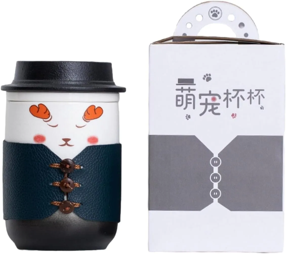 350ml/12oz Creative Cute Pet Ceramic Cap Mug Cute Couple Office Tea Separation Cup-Gentleman's Cup (Deer) Safety Kit
