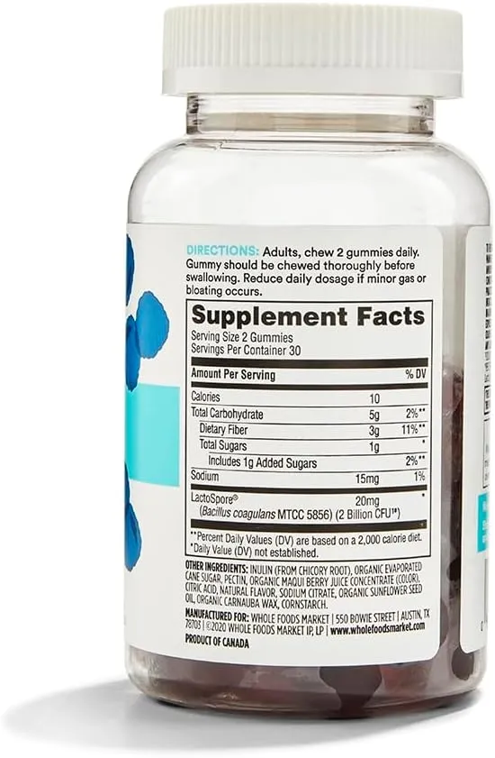365 by Whole Foods Market, Probiotic   Fiber Gummies 2 Billion CFU, Natural Blue Raspberry Flavor, 60 ct