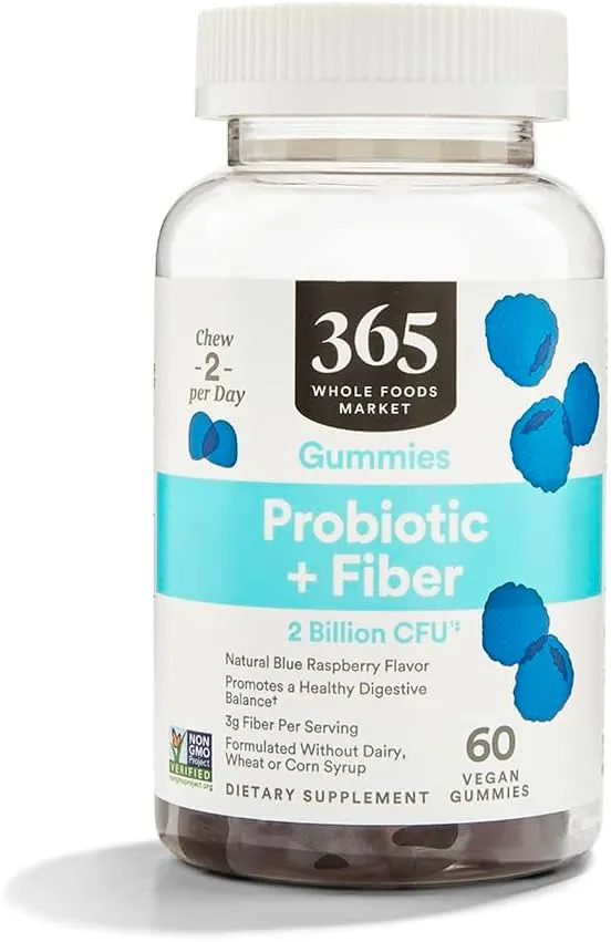 365 by Whole Foods Market, Probiotic   Fiber Gummies 2 Billion CFU, Natural Blue Raspberry Flavor, 60 ct