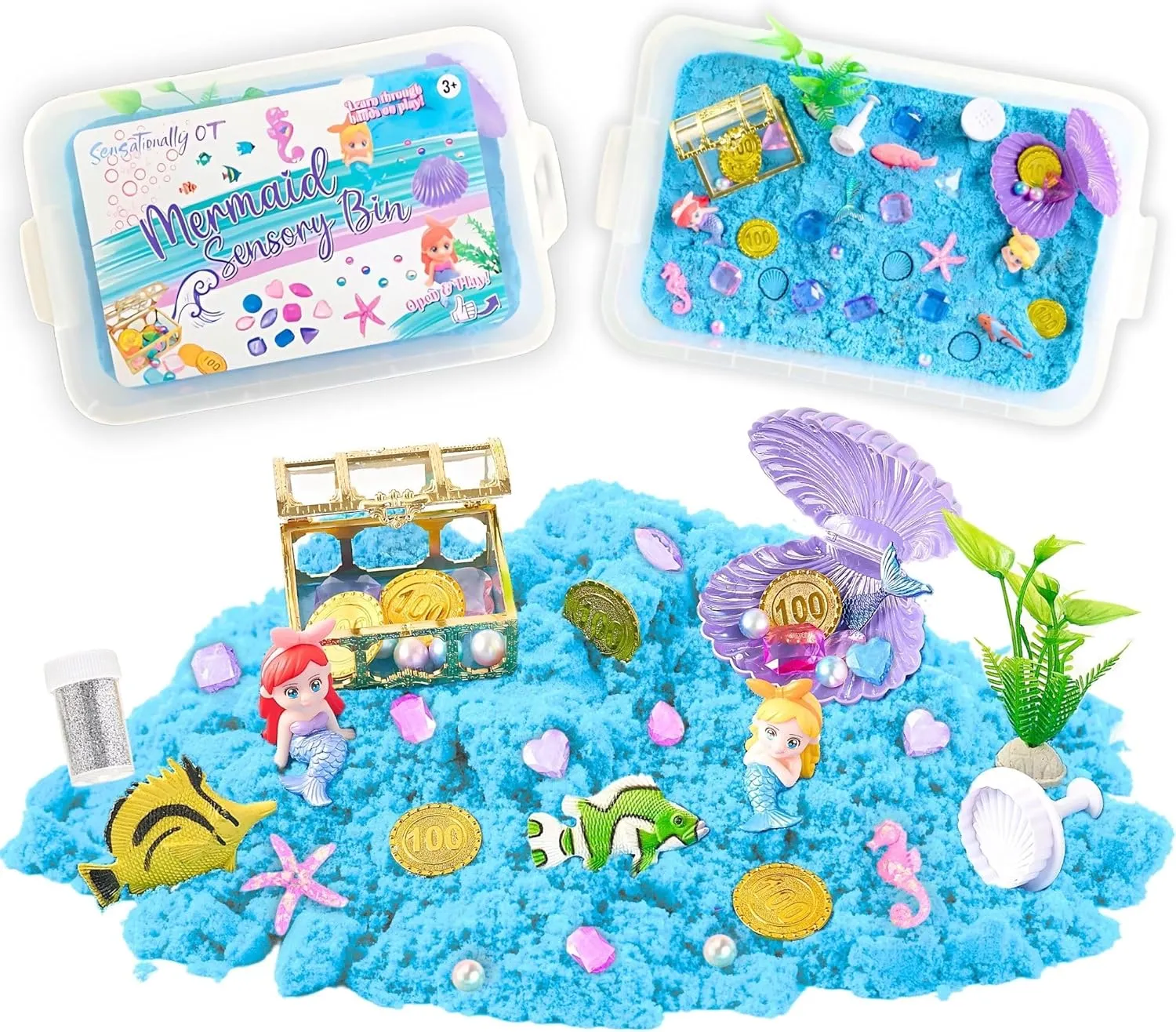 38 PCS Mermaid Sensory Sand Bin with Magic Sand,Seashell Stamp, Sensory Bin & Treasure Accessories – Perfect for Creative Play and Learning, Ideal Gift for Toddlers & Kids
