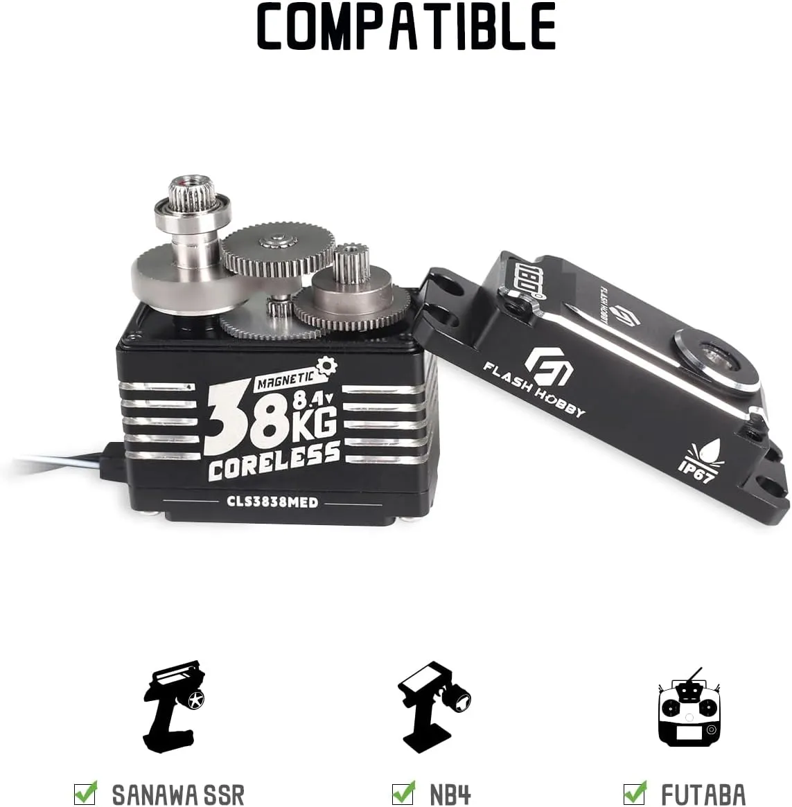 38KG Coreless Servo 8.4V High Torque Servo, Full Metal Gear RC Servo with IP67 Waterproof & Magnetic Support Sanwa SSR/ NB4/ Futaba for 1/8 1/10 Scale RC Crawler Cars, Trucks & Robotic Parts
