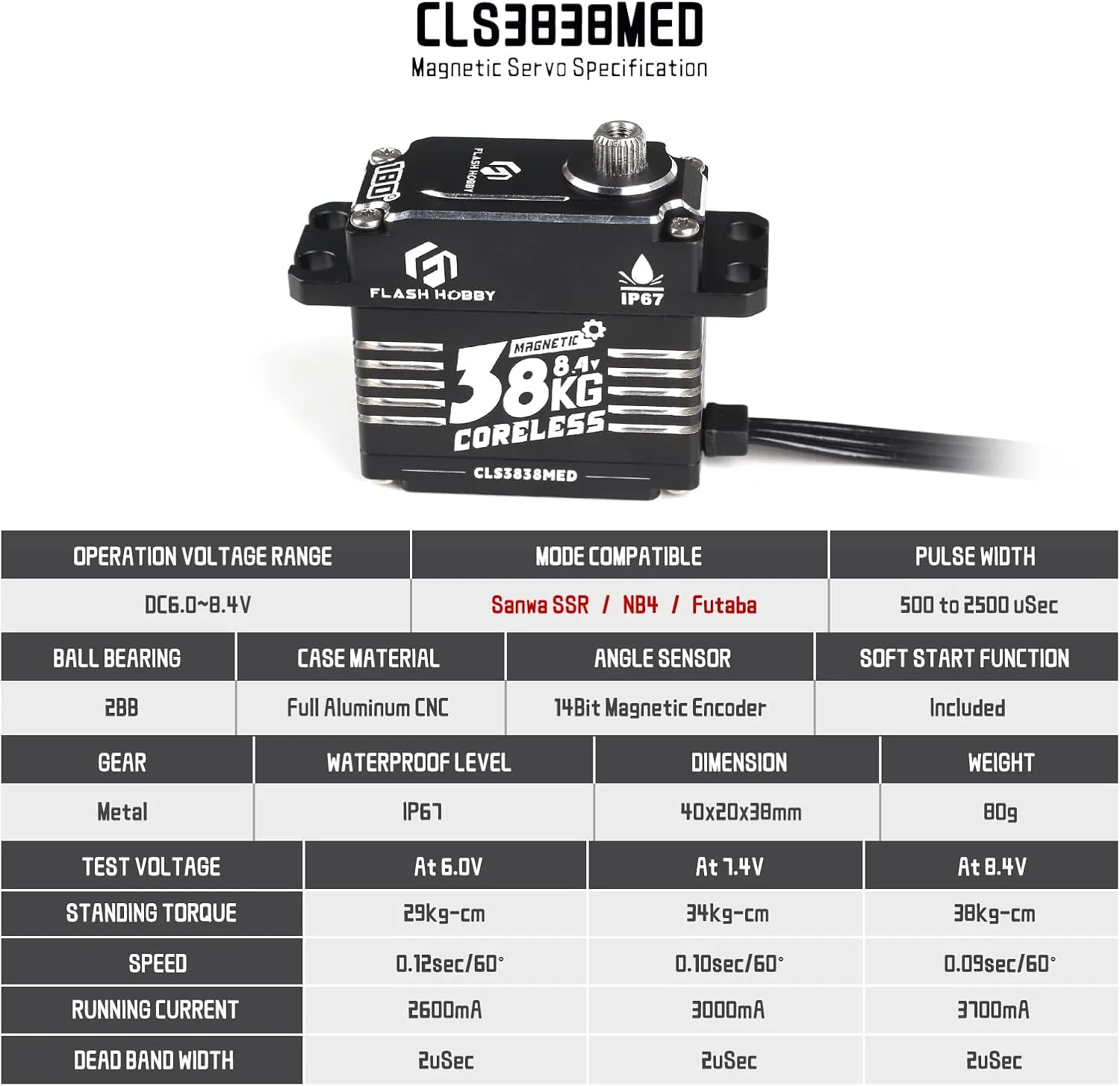 38KG Coreless Servo 8.4V High Torque Servo, Full Metal Gear RC Servo with IP67 Waterproof & Magnetic Support Sanwa SSR/ NB4/ Futaba for 1/8 1/10 Scale RC Crawler Cars, Trucks & Robotic Parts