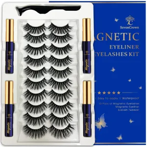 3D Magnetic Eyelashes and Eyeliner Kit - 10 Pairs Reusable Magnetic Lashes Natural Look, Upgraded Long-Lasting 4 Tube Waterproof Liner with Application - Cruelty Free,Easy