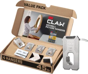 3M CLAW(TM) 45 lb. Drywall Picture Hanger With Spot Markers, Heavyweight Hanging Solution for Room Decor and Office Decor, Including Mirrors or Large Art – 4 Count (Pack of 1)