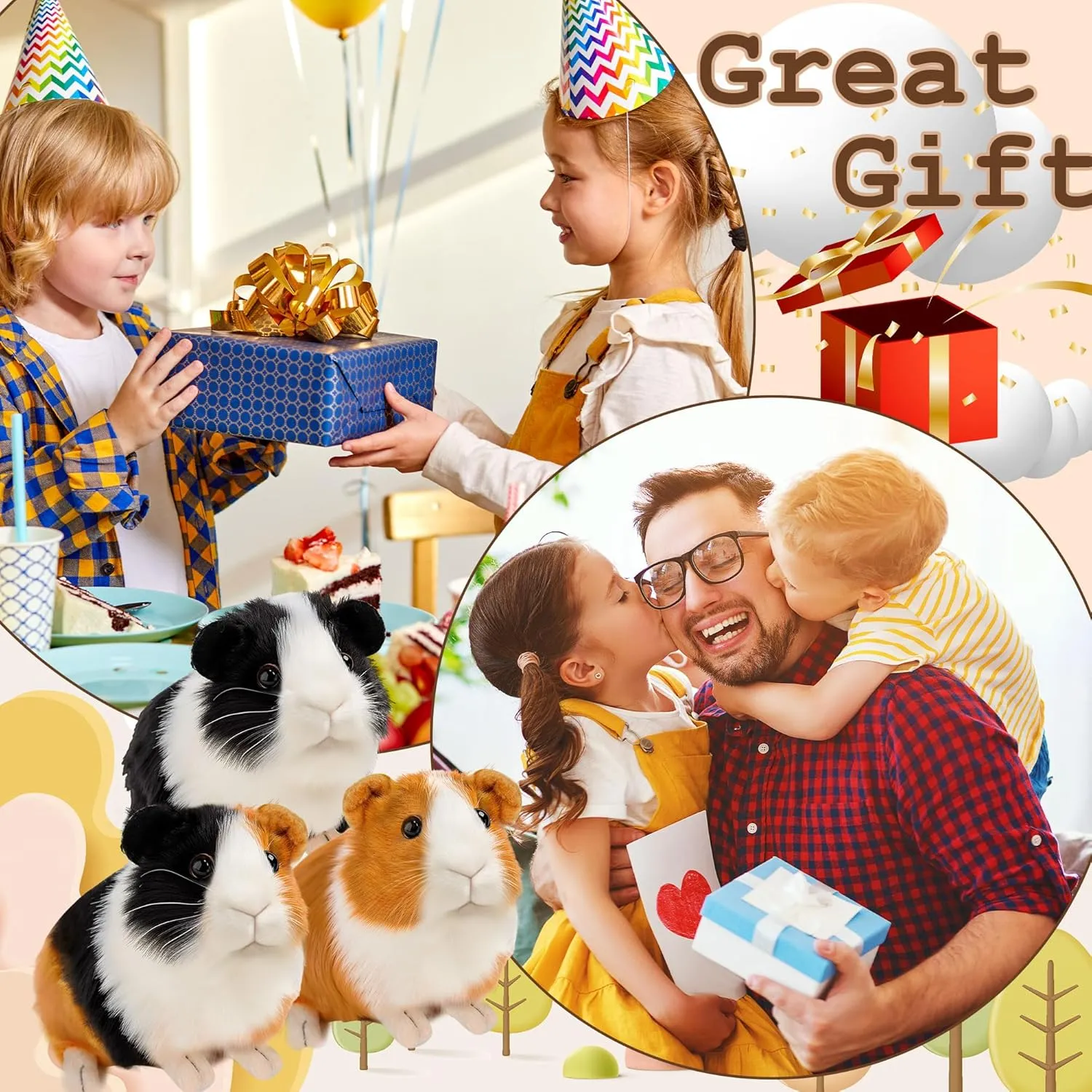 3pc Guinea Pig Stuffed Animals - Realistic Plush Cute Plushie Toys for Kids, Small Live Animals Pet Doll Toy for Boys Girls Birthday