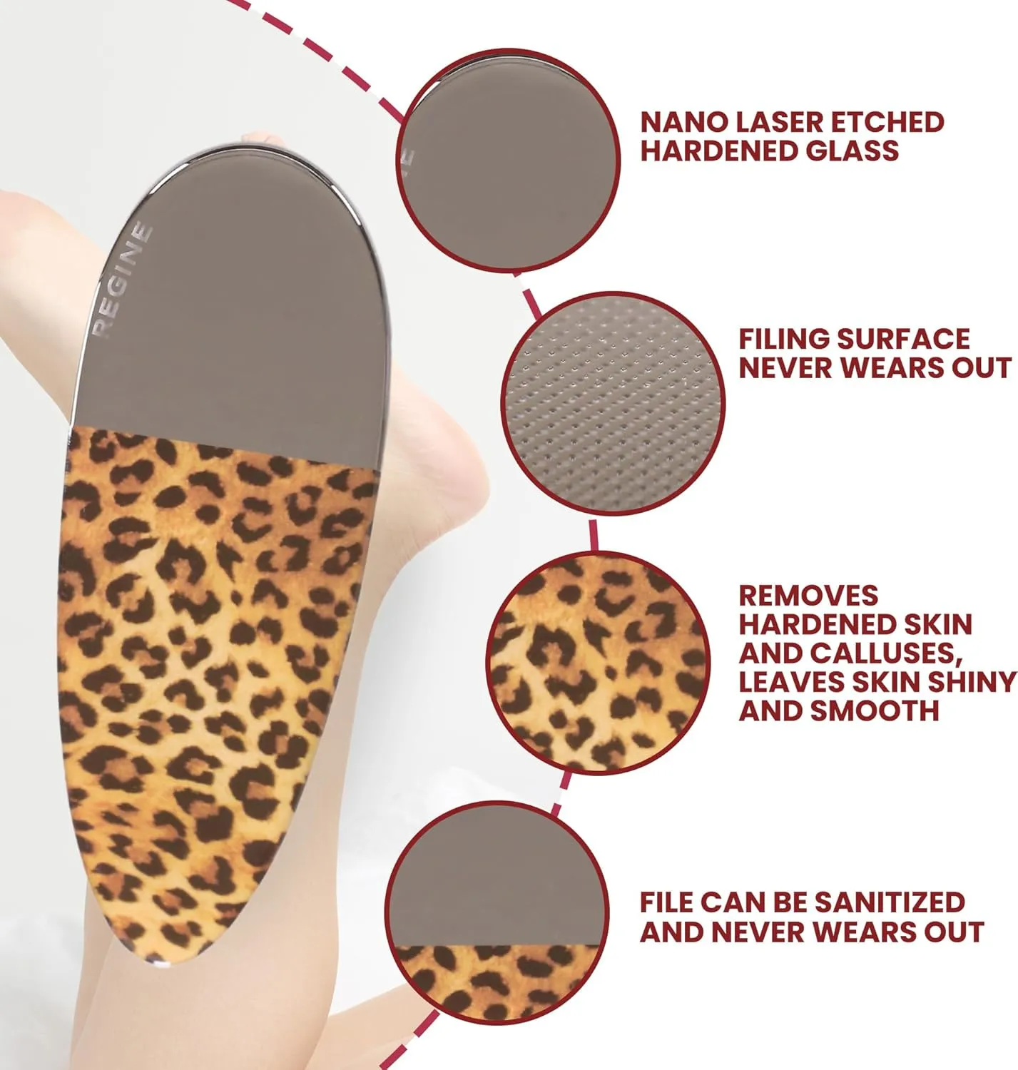 3pc Nano File Set: Professional Heavy Duty Glass Nail Files with Case Kit - Reusable Crystal Fingernail Manicure and Pedicure Tools for Men, Women, and Adults - Leopard