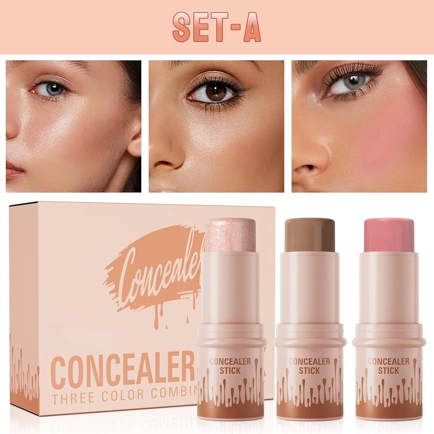 3Pcs Contour Stick Set，3 Colors Contour Stick Makeup Set， Long-Lasting Waterproof Concealer Stick Kit，Cream Blush & Highlighter Bronzer Pen (SET-A)