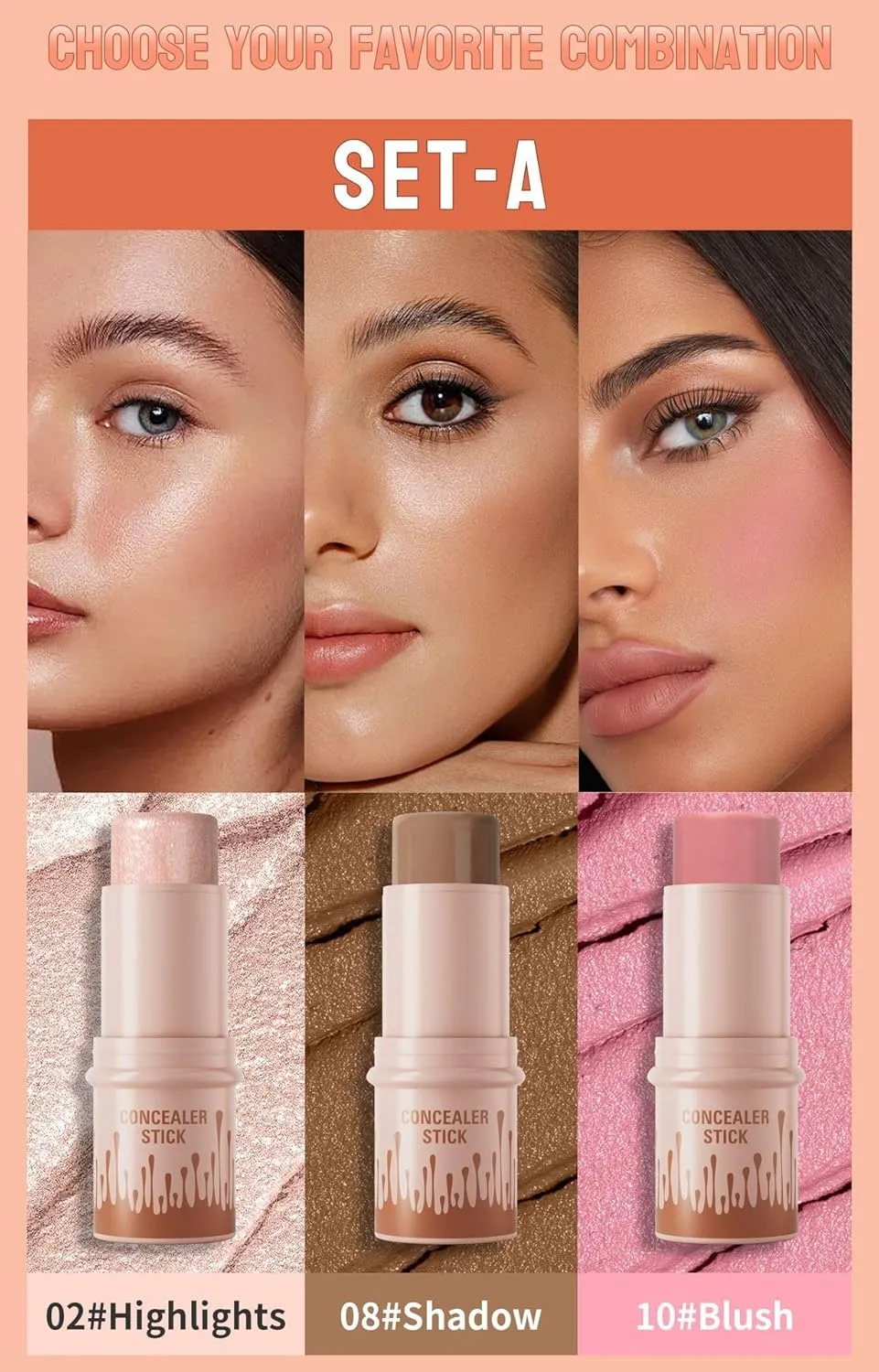 3Pcs Contour Stick Set，3 Colors Contour Stick Makeup Set， Long-Lasting Waterproof Concealer Stick Kit，Cream Blush & Highlighter Bronzer Pen (SET-A)