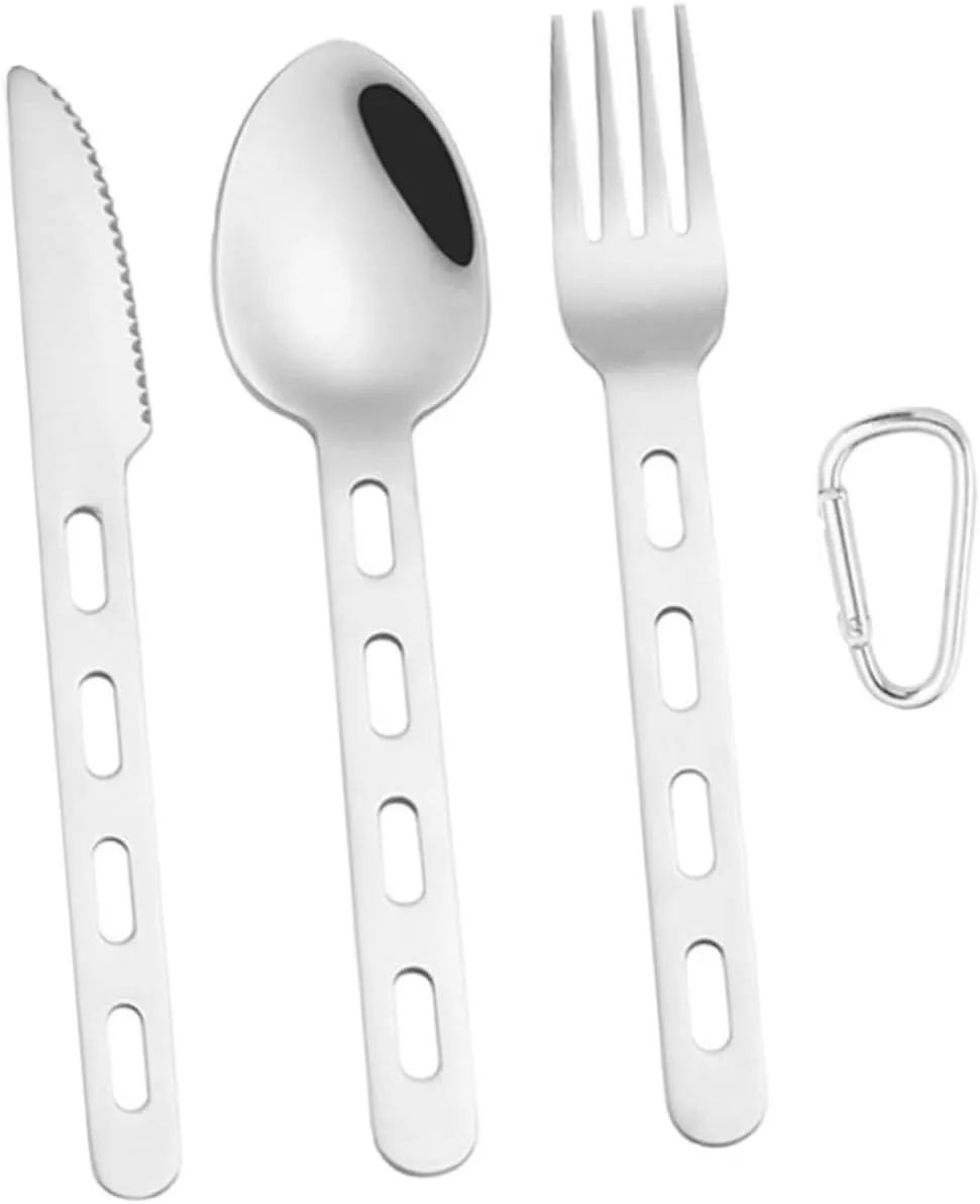 3sets Camping Cutlery Portable Stainless Steel Fork Spoon Cutter Kit with Carabiner for Outdoor Dining Lightweight Travel Utensils for Camping Hiking and Picnics