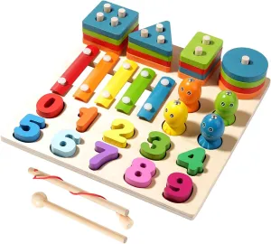 4-in-1 Wooden Activity Board for Toddlers Kids - Montessori Learning Toy with Magnetic Fishing, Number Blocks Puzzles, Shape Sorter & Xylophone - Educational Gift