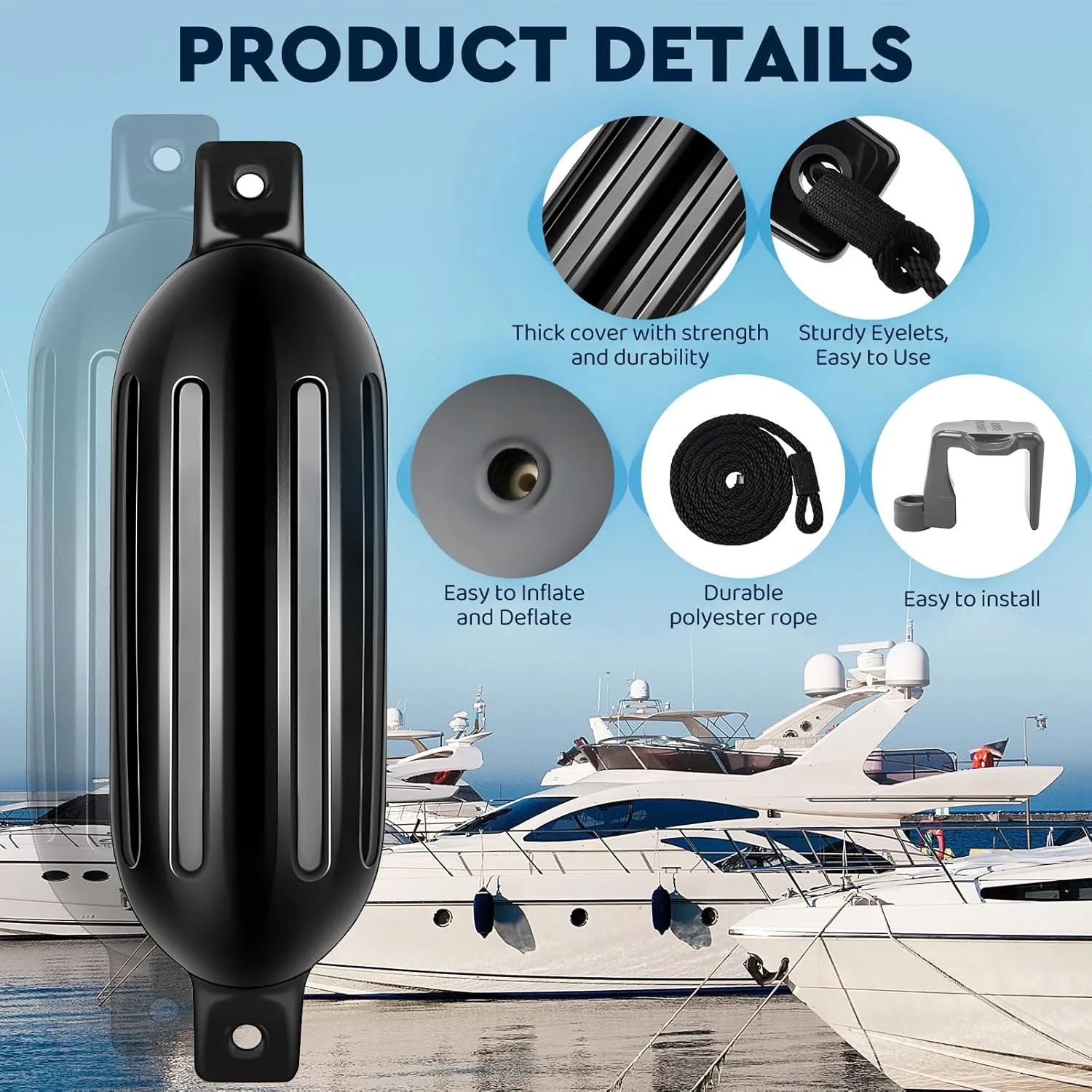 4 Pack Boat Bumper for Docking Inflatable Boat Fenders with 4 Boat Bumper Clips 4 Ropes 1 Pump and 4 Needles for Buoy Pontoon Boat Marina Dock Protector
