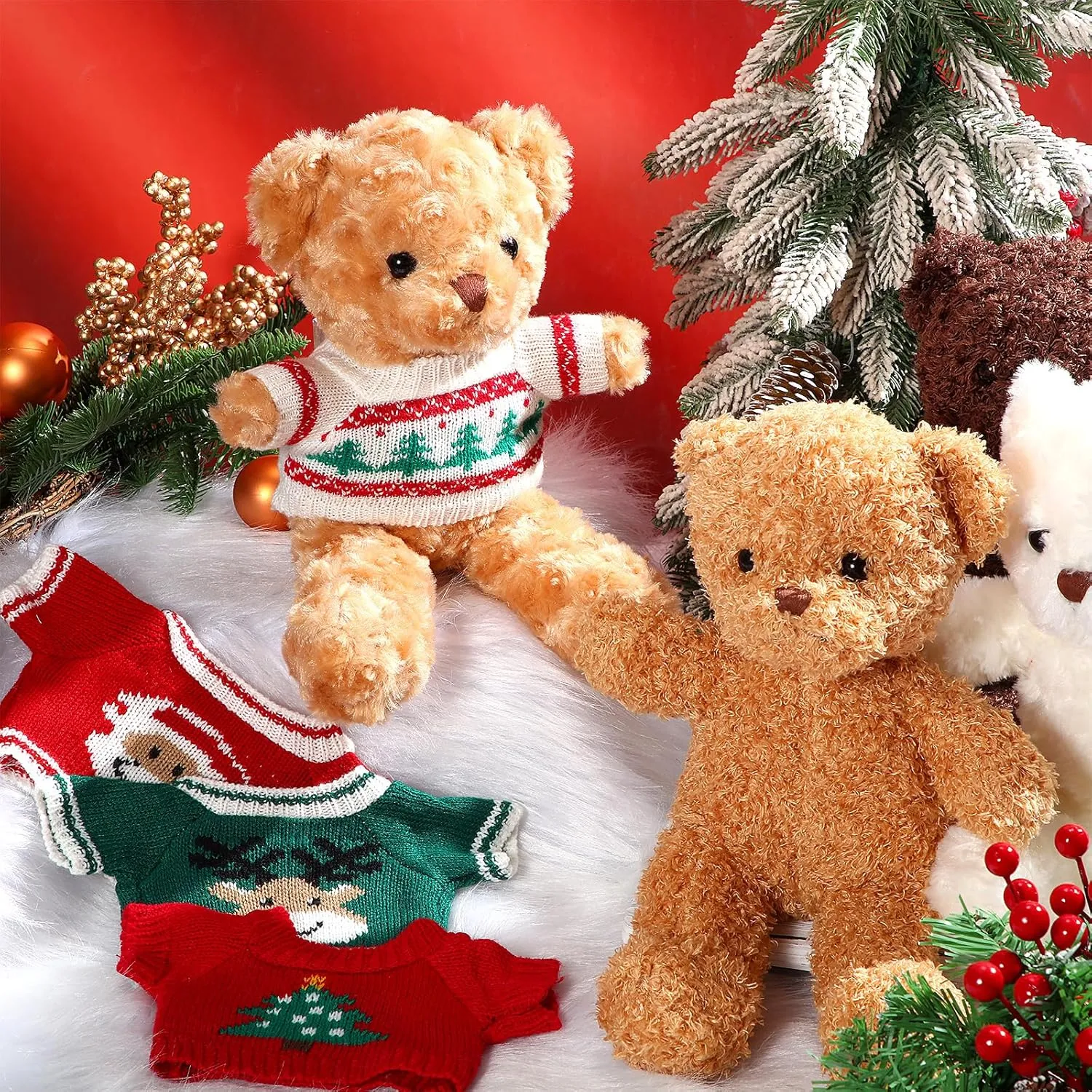 4 Pcs Christmas Bear Stuffed Animals with Doll Clothes 12 Inch Cute Plush Bear with Removable Sweater Hoodie Xmas Accessories for Plush Dolls DIY Change Clothes(Cute Style)