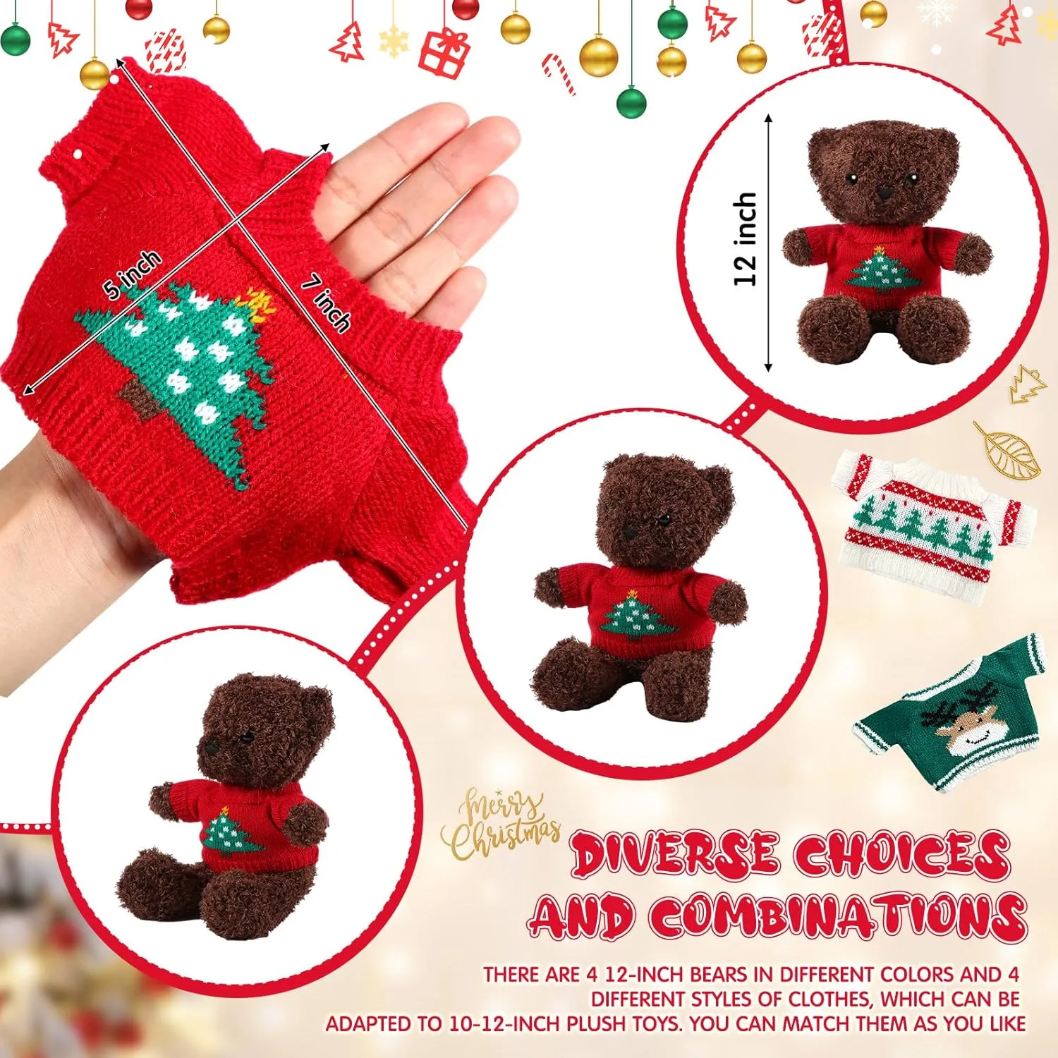 4 Pcs Christmas Bear Stuffed Animals with Doll Clothes 12 Inch Cute Plush Bear with Removable Sweater Hoodie Xmas Accessories for Plush Dolls DIY Change Clothes(Cute Style)