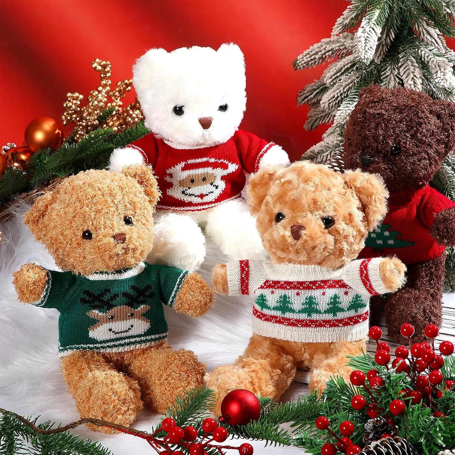 4 Pcs Christmas Bear Stuffed Animals with Doll Clothes 12 Inch Cute Plush Bear with Removable Sweater Hoodie Xmas Accessories for Plush Dolls DIY Change Clothes(Cute Style)