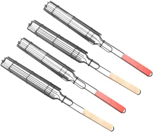 4 PCS Grilling Basket Reusable Anti-Corrosion Wooden Handle Barbecue Tool Grill Basket Grill Net for Co-Worker