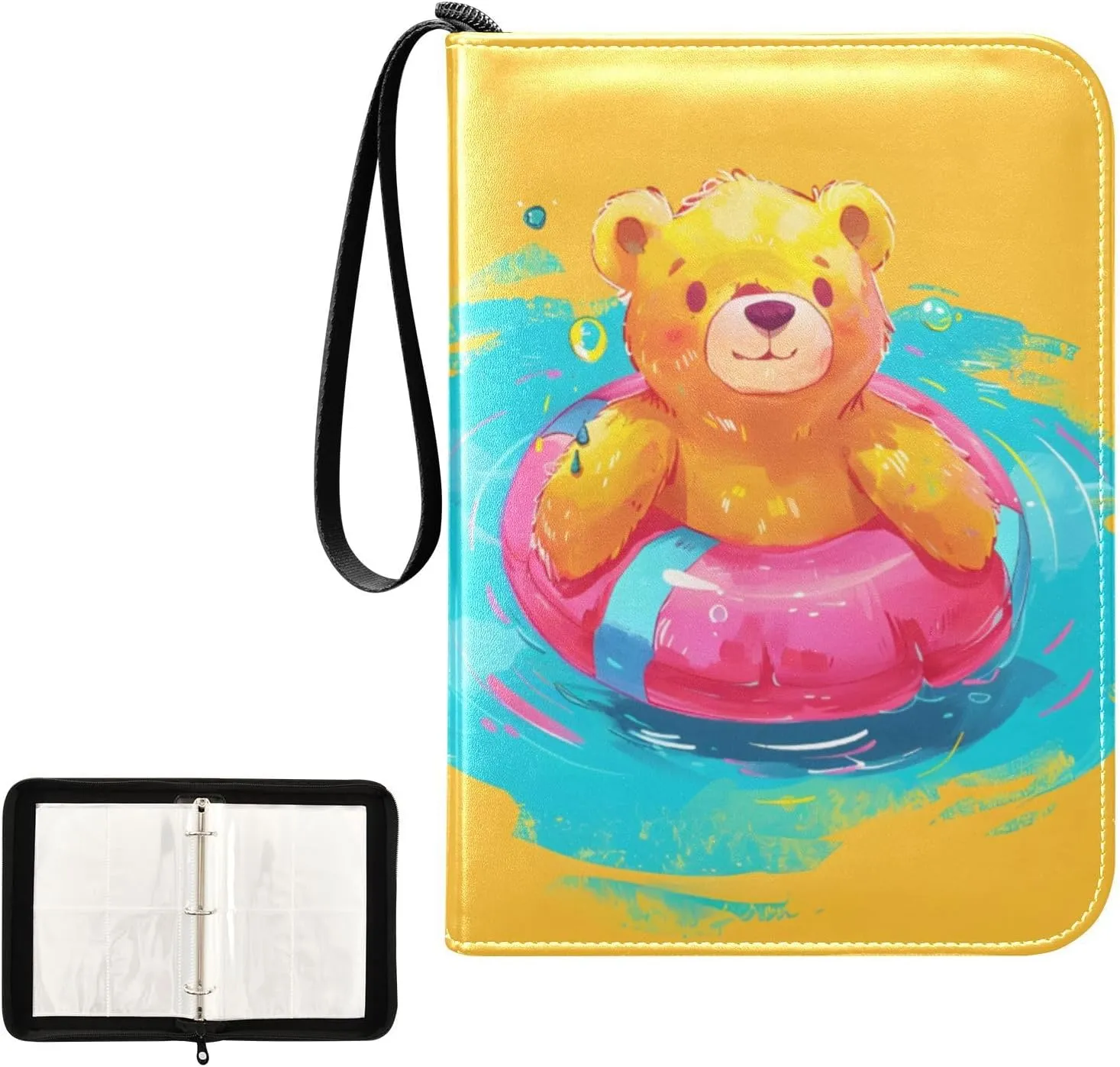 4 Pockets Trading Card Album Holder Book Folder Sports Card Binder Yellow Bear 400 Double Side Pockets for 3 Ring Binder Zipper