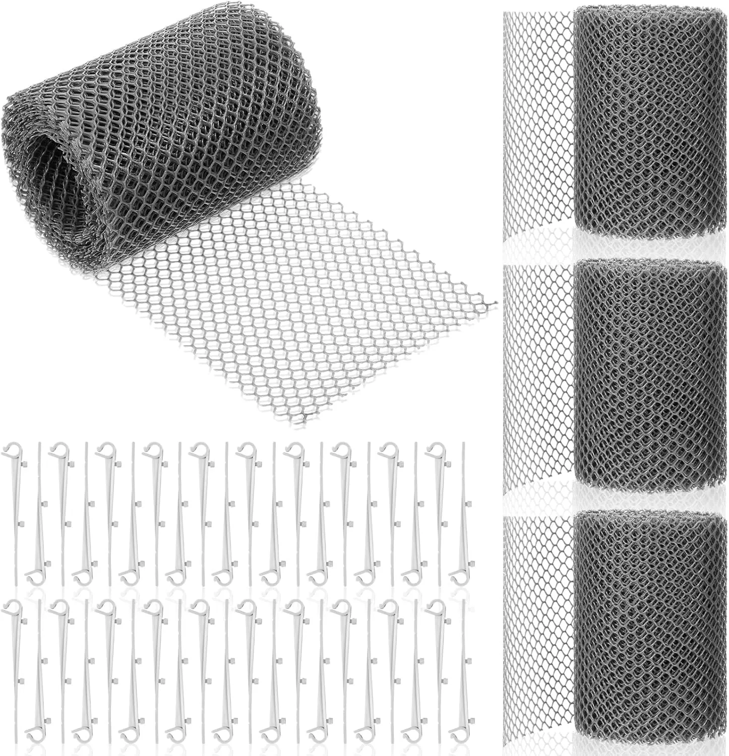 4 Rolls Gutter Guards Plastic Guards Mesh Rolls Downspout Pipe Gutter Covers DIY Filter Gutter Protection Netting with 40 Clip Fixed Hooks Preventing from Twigs Debris Clogged Leaves (Silver Gray)