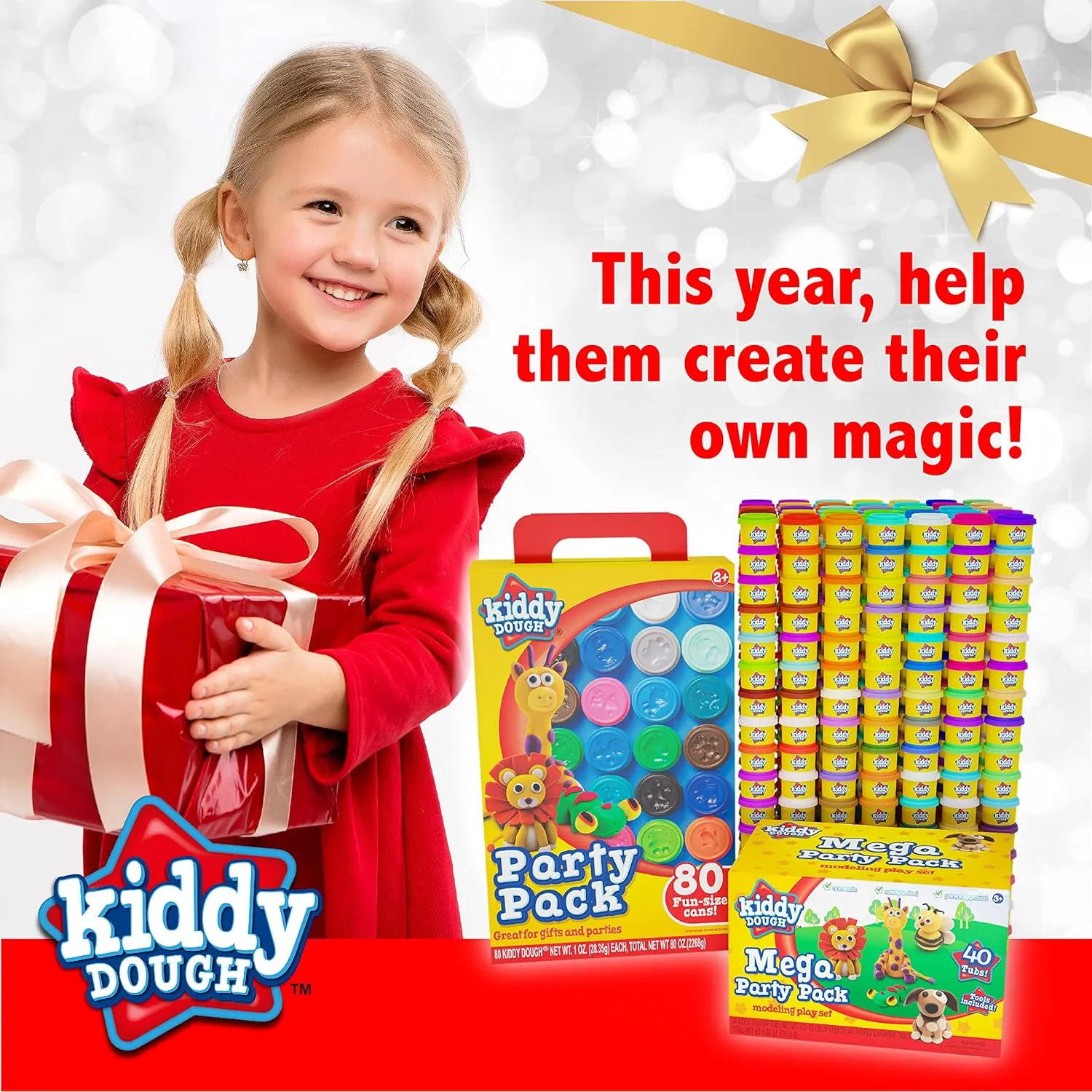 40 Pack of Birthday Party Favors Bulk Dough & Clay Pack - Includes Molded Animal Shaped Lids   40 Shapes & Numbers Dough Tools - Holiday Edition - (1oz Tubs - 40oz Total), Multi Color