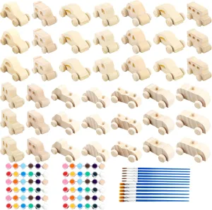 42 Pieces Wood DIY Car Toys Unfinished Wooden Cars Wood Car Crafts with 12 Painting Kits for Kids Home Activities Easy Woodworking Party Favors