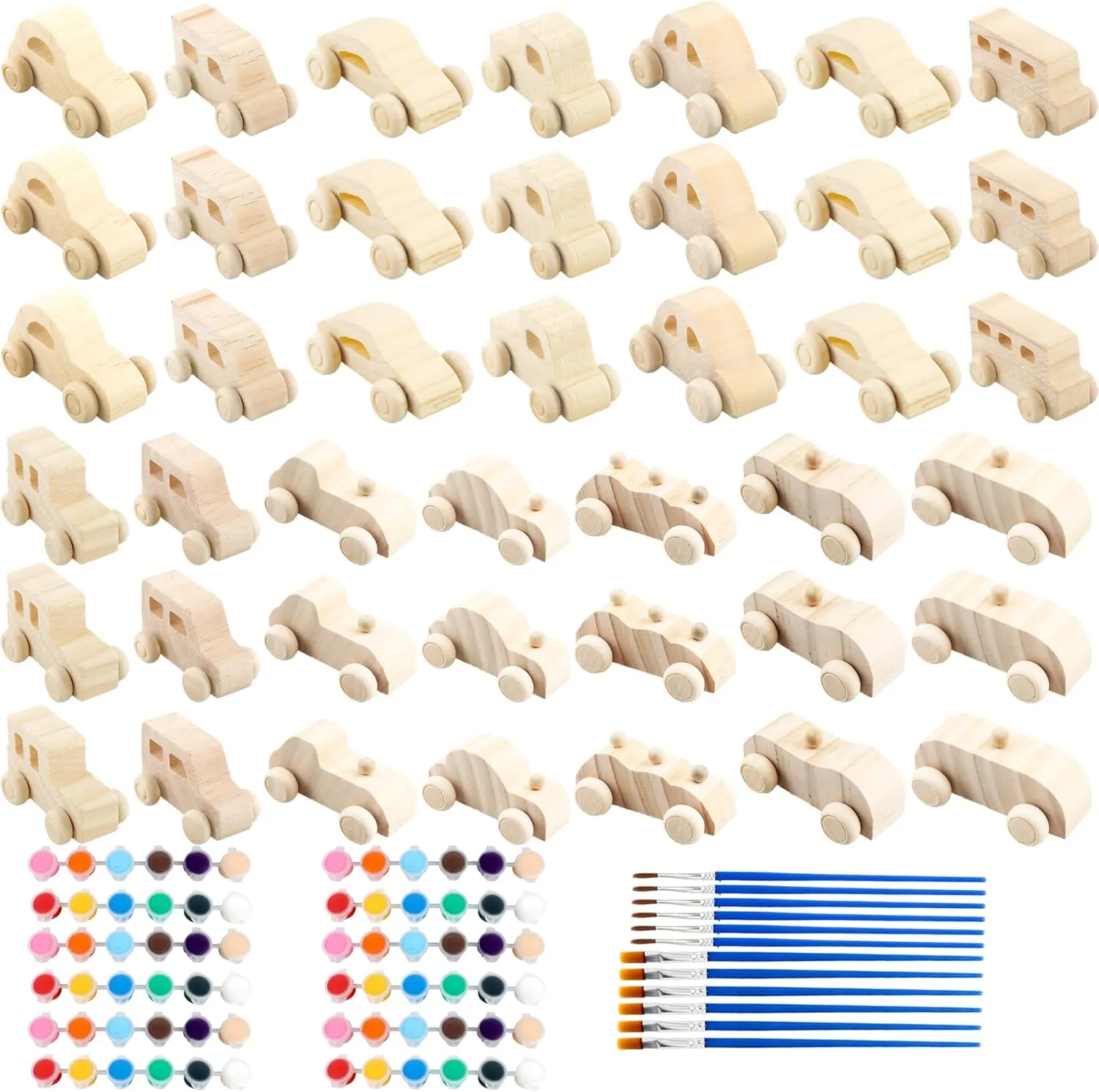 42 Pieces Wood DIY Car Toys Unfinished Wooden Cars Wood Car Crafts with 12 Painting Kits for Kids Home Activities Easy Woodworking Party Favors