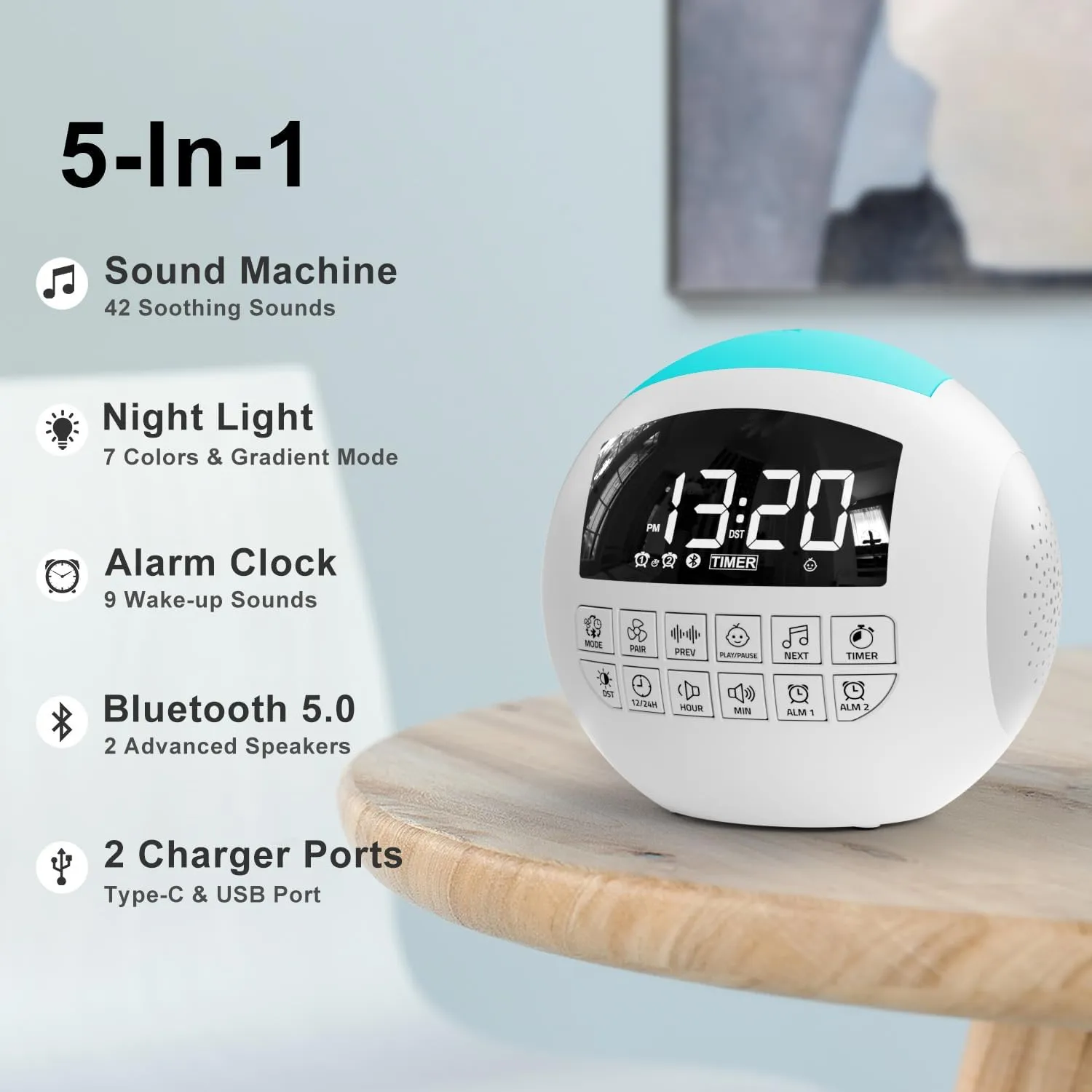 42 Sound White Noise Machine for Kids Adult Baby Sleeping   Bluetooth   Nightlight, Lullaby/Nature Soothing Sounds, 2 Alarm Clock for Bedroom Home, Adjustable Volume, 15-480 Timer, USB & AC Powered…