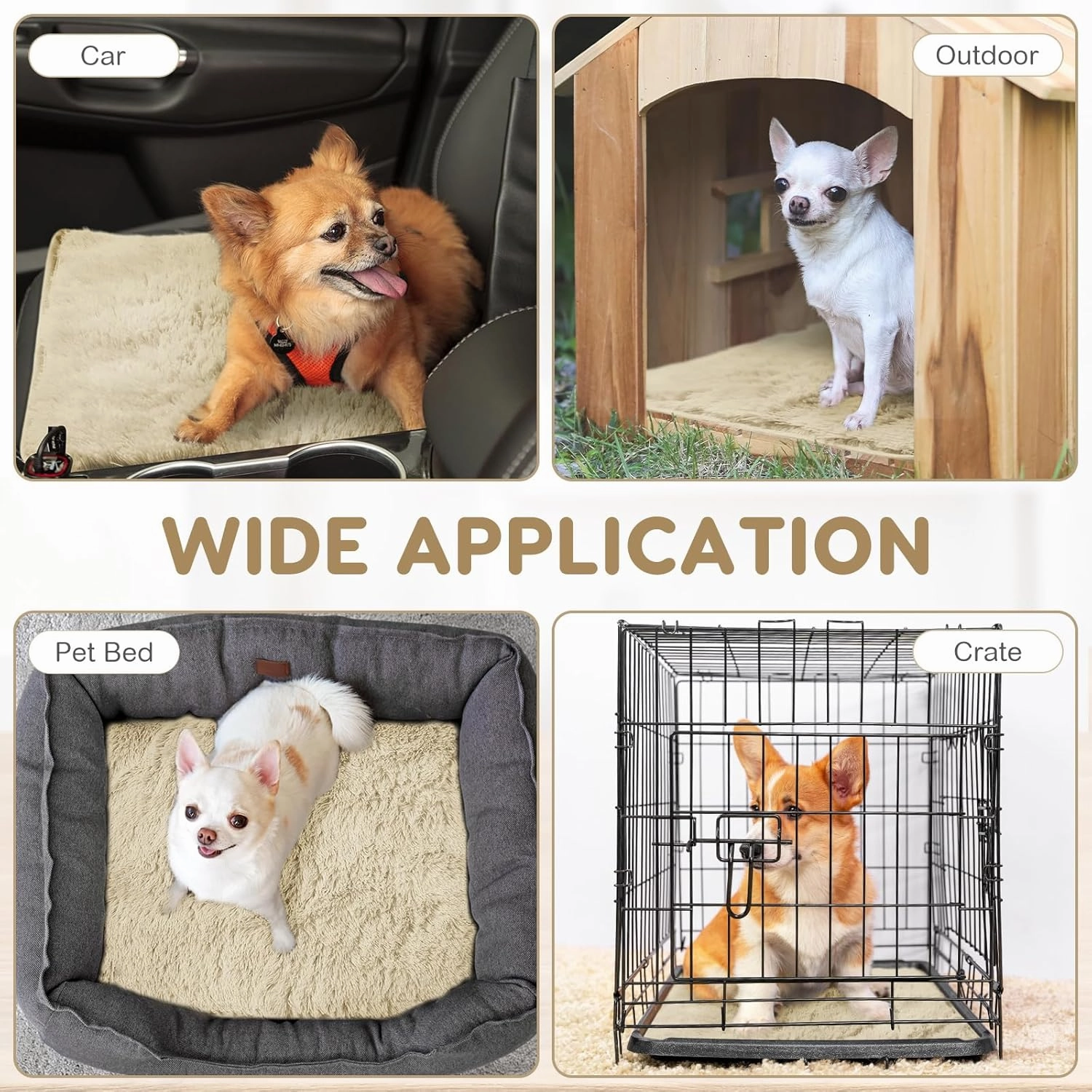 4 Pack Self Warming Cat Bed Pad Self Heating Dog Mat with Fluffy Faux Fur Plush Cat Calming Bed Thermal Mat Washable Pet Pad Anti Slip Bottom for Outdoor Indoor Pets(Camel,16" X 20")