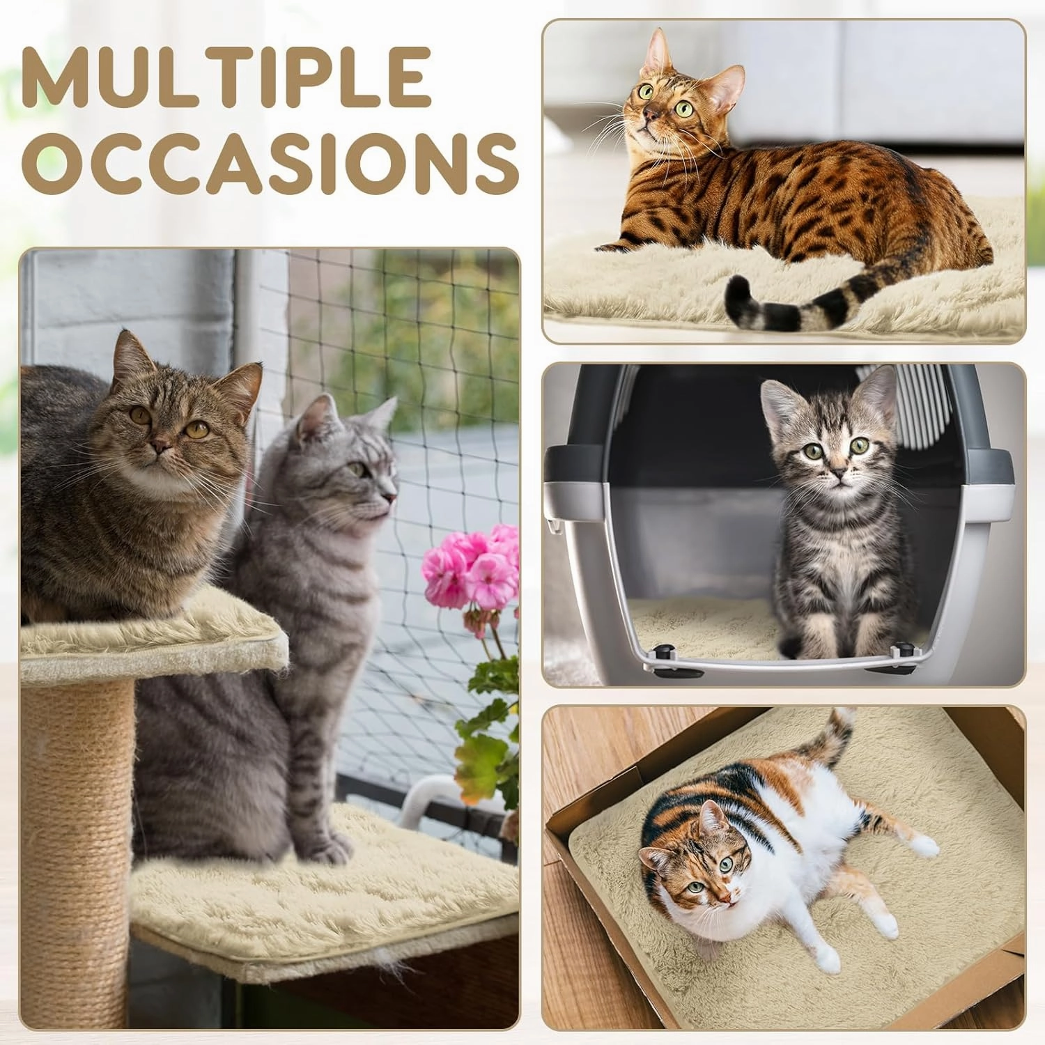 4 Pack Self Warming Cat Bed Pad Self Heating Dog Mat with Fluffy Faux Fur Plush Cat Calming Bed Thermal Mat Washable Pet Pad Anti Slip Bottom for Outdoor Indoor Pets(Camel,16" X 20")