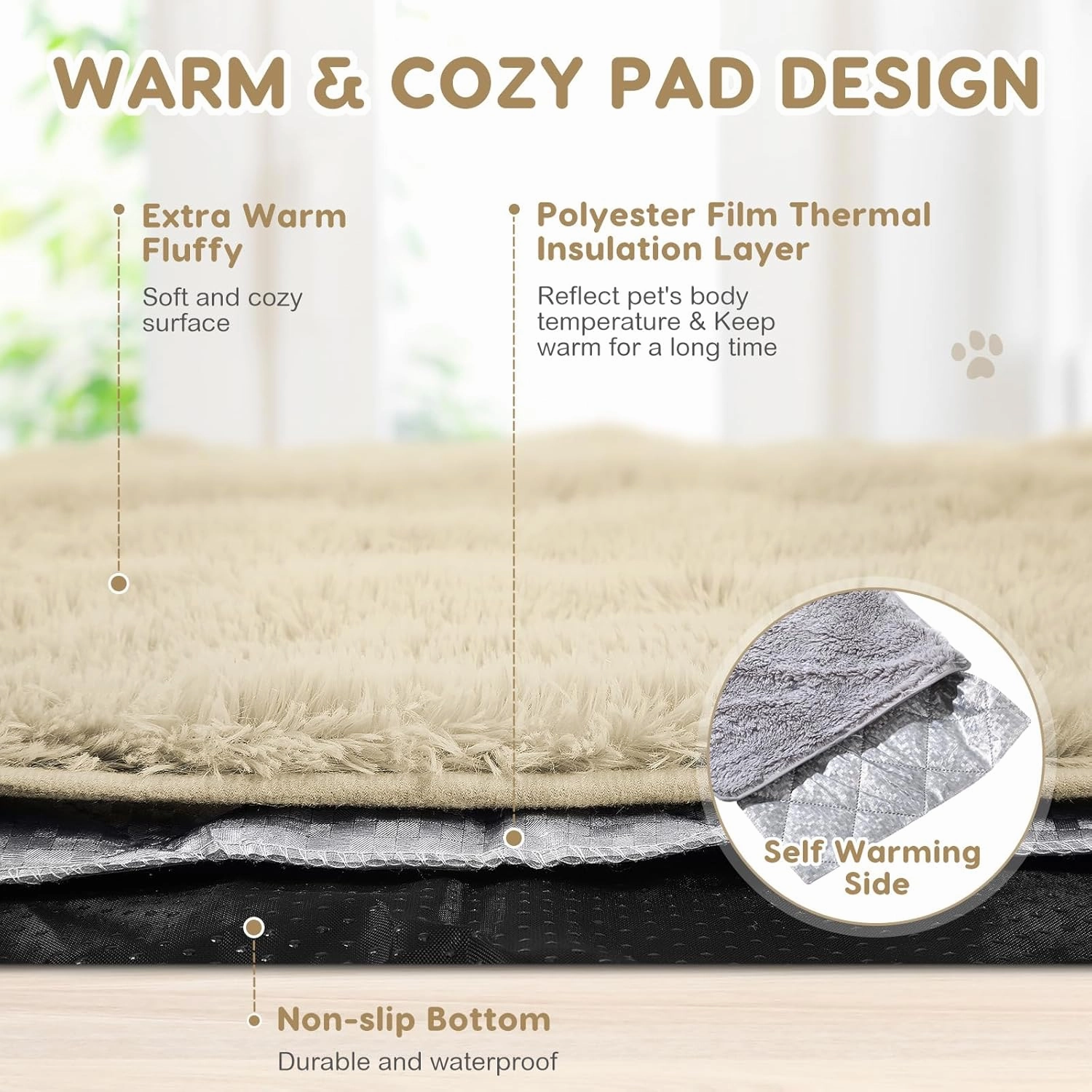 4 Pack Self Warming Cat Bed Pad Self Heating Dog Mat with Fluffy Faux Fur Plush Cat Calming Bed Thermal Mat Washable Pet Pad Anti Slip Bottom for Outdoor Indoor Pets(Camel,16" X 20")