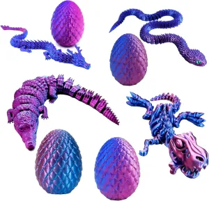 4PCS 3D Printed Fantasy Eggs – Dragon, Snake, T-Rex & Crocodile Egg Toys – Articulated Animals, Fidget Toys, Unique Gifts for Kids, Desktop Decor, Easter Basket Stuffers & Collectibles