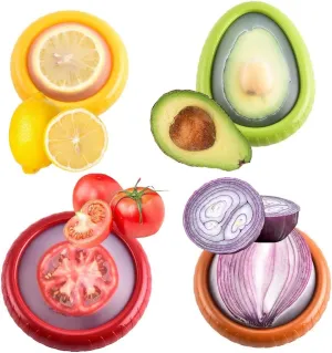 4PCs Silicone film cover ABS Fruit and Vegetable Storage Containers Set for Fridge, Onion Storage Container, Avocado keeper,Tomato Saver,and Lemon holder reusable food savers