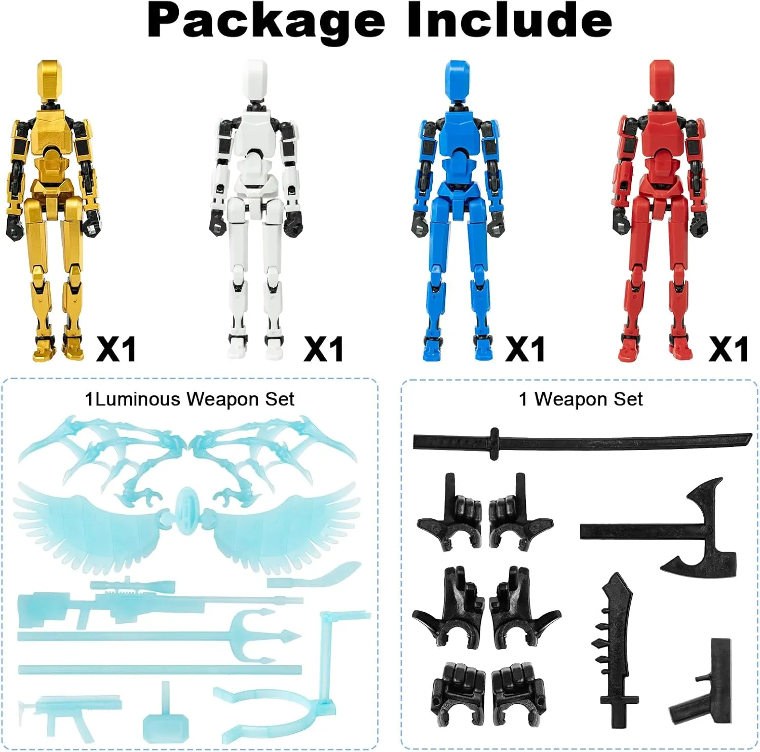 4PCS T13 Titan Action Figure, Robo 13 for Collectors - Multi Movable Joints Toys (Golden, White, Red, Blue)