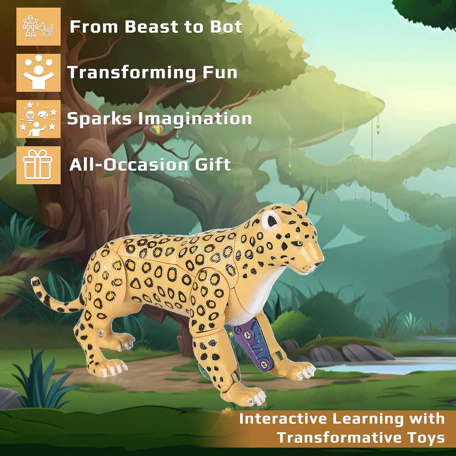 4" Leopard Jungle Animal Toy Small – Transforming Action Figure – Changes from a Detailed Animal Toy to a Unique Robot Toy in Seconds – Great Gift for Both Girls and Boys (4" Leopard)