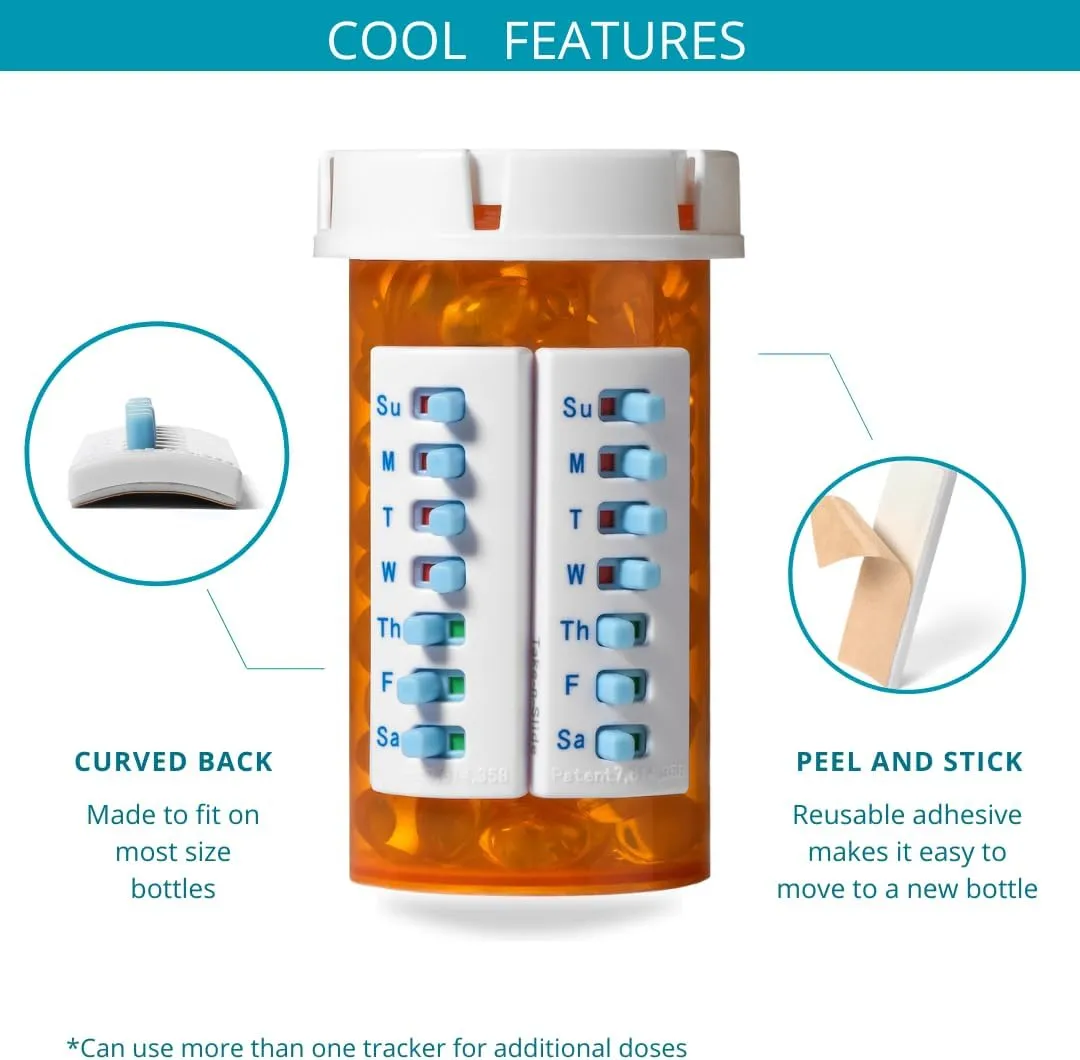 5 Pack Medication Tracker and Reminder, Take-n-Slide Reusable Peel and Stick Pill Trackers Attach to Your Bottle 7 Day Medicine Vitamins Pets Pill Organizer Alternative Medication Aid White
