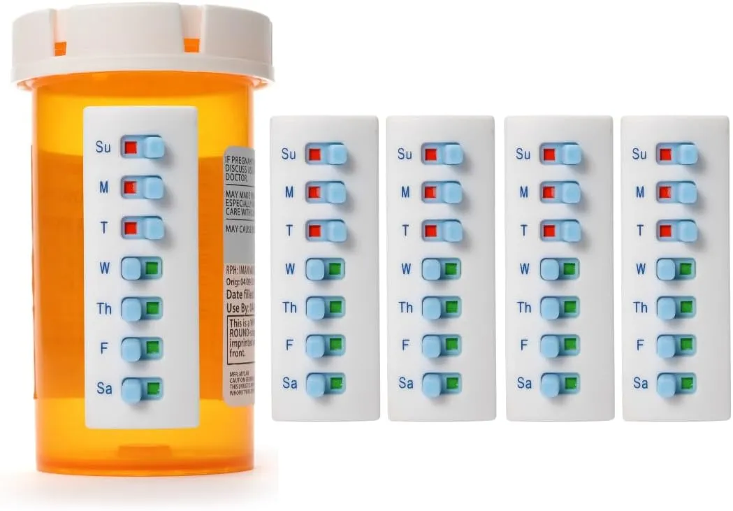 5 Pack Medication Tracker and Reminder, Take-n-Slide Reusable Peel and Stick Pill Trackers Attach to Your Bottle 7 Day Medicine Vitamins Pets Pill Organizer Alternative Medication Aid White