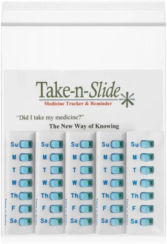 5 Pack Medication Tracker and Reminder, Take-n-Slide Reusable Peel and Stick Pill Trackers Attach to Your Bottle 7 Day Medicine Vitamins Pets Pill Organizer Alternative Medication Aid White