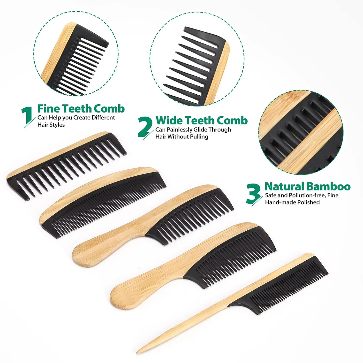 5 Pcs Handmade Bamboo Anti-Static Comb Set for Women and Men - Wide Tooth, Rat Tail, and Fine Tooth Combs for Long, Short, Thick, Thin, Wavy, and Curly Hair Detangling (Natural   Black)