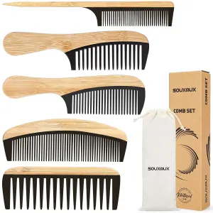 5 Pcs Handmade Bamboo Anti-Static Comb Set for Women and Men - Wide Tooth, Rat Tail, and Fine Tooth Combs for Long, Short, Thick, Thin, Wavy, and Curly Hair Detangling (Natural   Black)