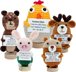 5 PCS Positive Chick & Emotional Support Deer Animals Knitted Dolls Handmade Crochet Animals, Collectible Dolls Decorative Gifts for Friends and Family