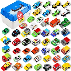 50 Pcs Toy Cars with Large Plastic Organizer, Pull Back Cars for Kids Ages 3-5, Birthday and Party Decorations, Birthday Presents for 3   Year Old Girls and Boys