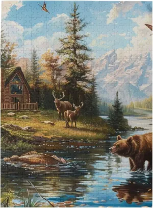 500 Piece Jigsaw Puzzle for Adults,Lodge Bear Deer Fish, Puzzles with Letters on Back, Challenging Puzzle for Game Night Home Décor, 15 x 20.4